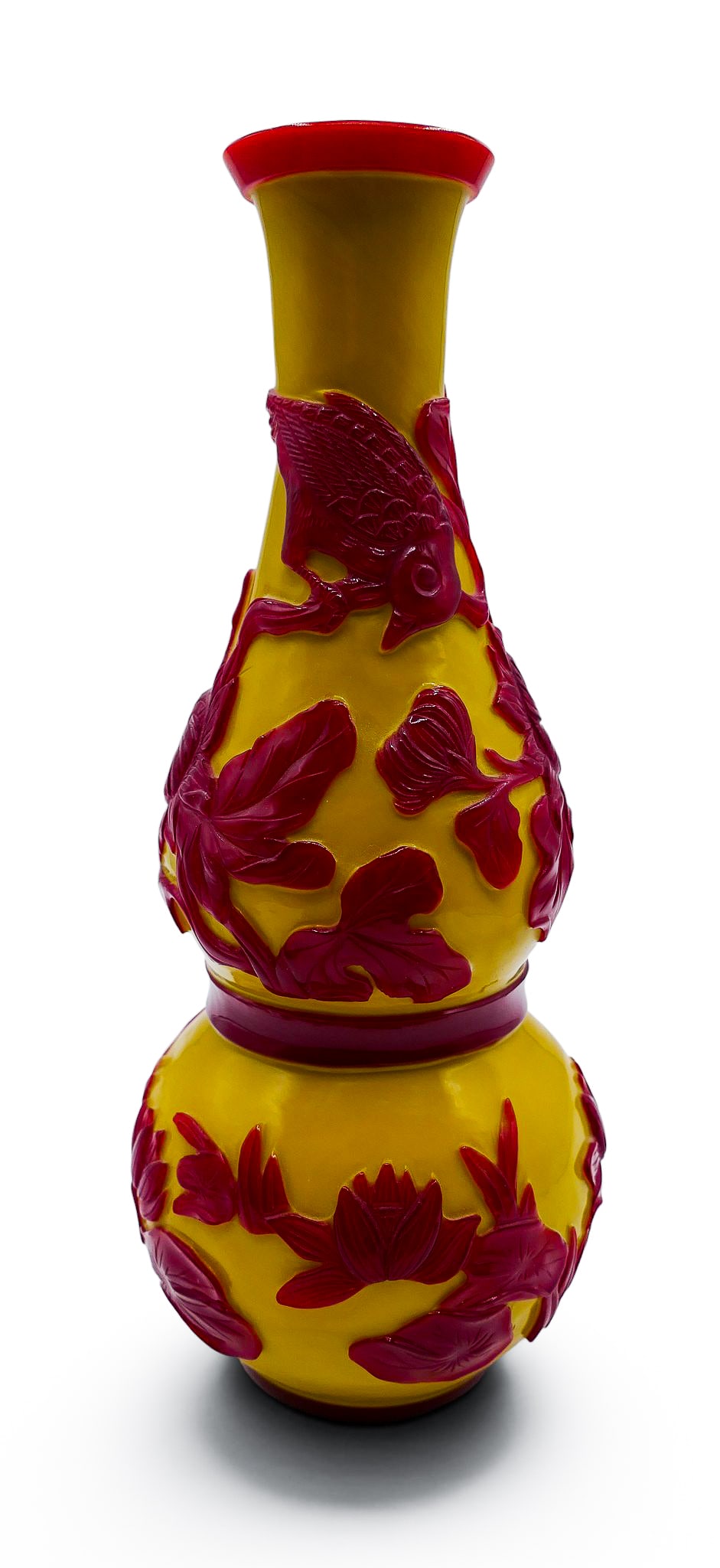 Old Chinese Red over Yellow Peking Glass Double Gourd Vase: Old Chinese Red over Yellow Peking Glass Double Gourd Vase 9.25"x3.75". Red cut overlay over yellow body with blossoming flower motifs. Unmarked. Excellent condition.