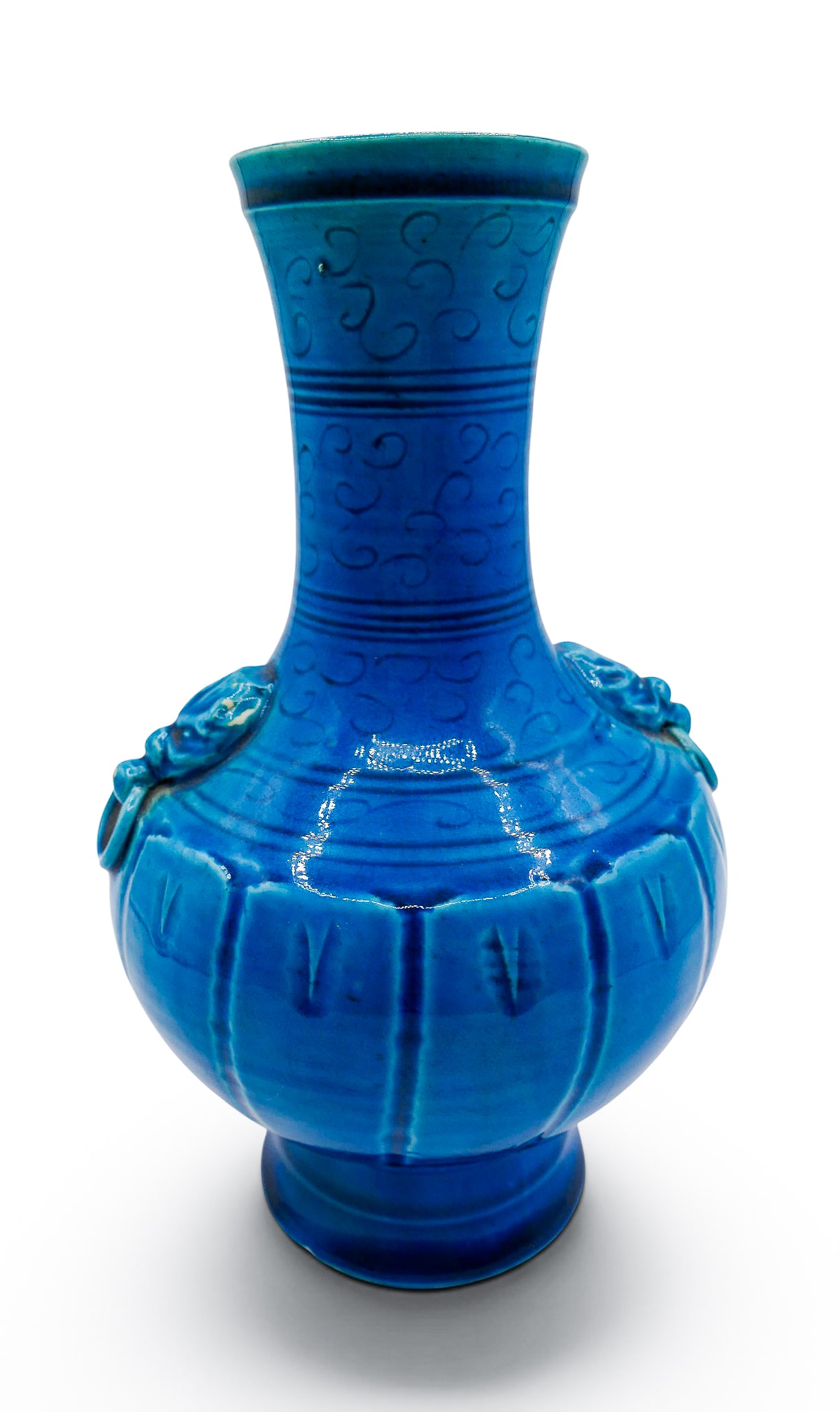 Old Chinese Peacock Blue Glazed Handled Porcelain Vase - 2