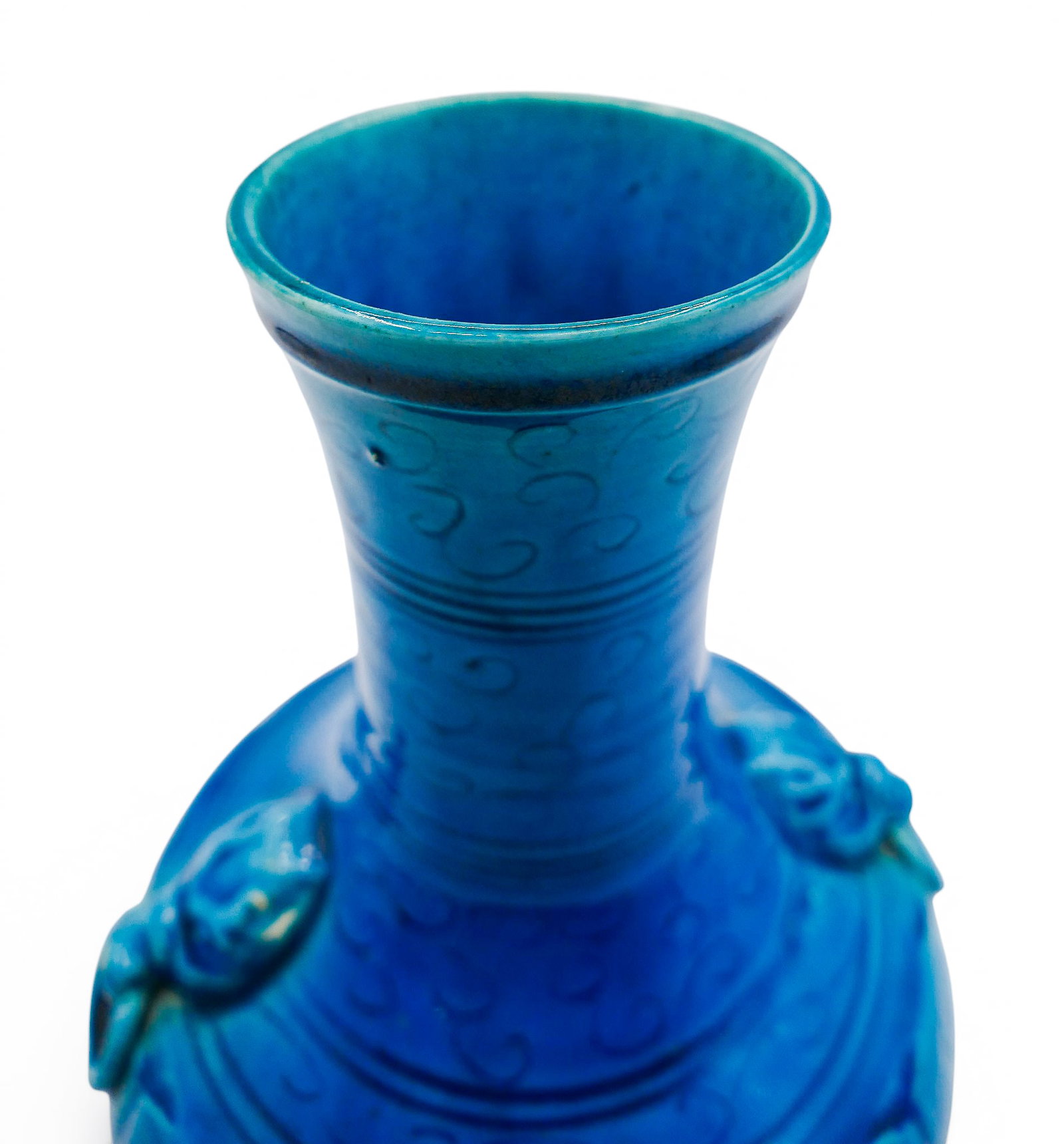 Old Chinese Peacock Blue Glazed Handled Porcelain Vase - 3
