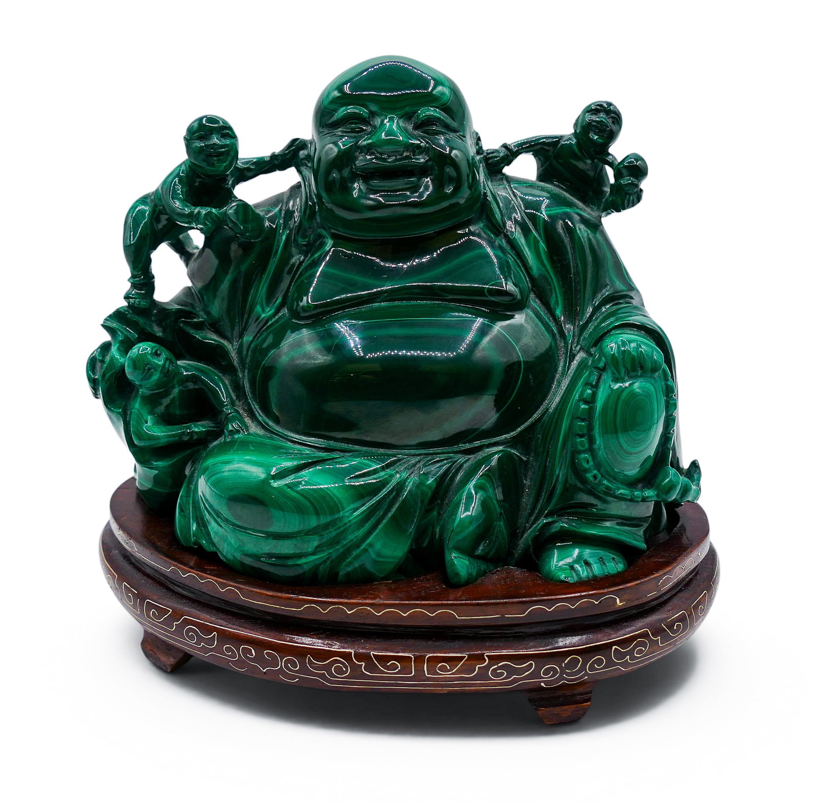 Chinese Carved Malachite Seated Buddha with Children on Stand: Chinese Carved Malachite Seated Buddha with Children on Stand 5.5"x6.5". Fitted silver wire inlaid rosewood stand. Excellent condition.