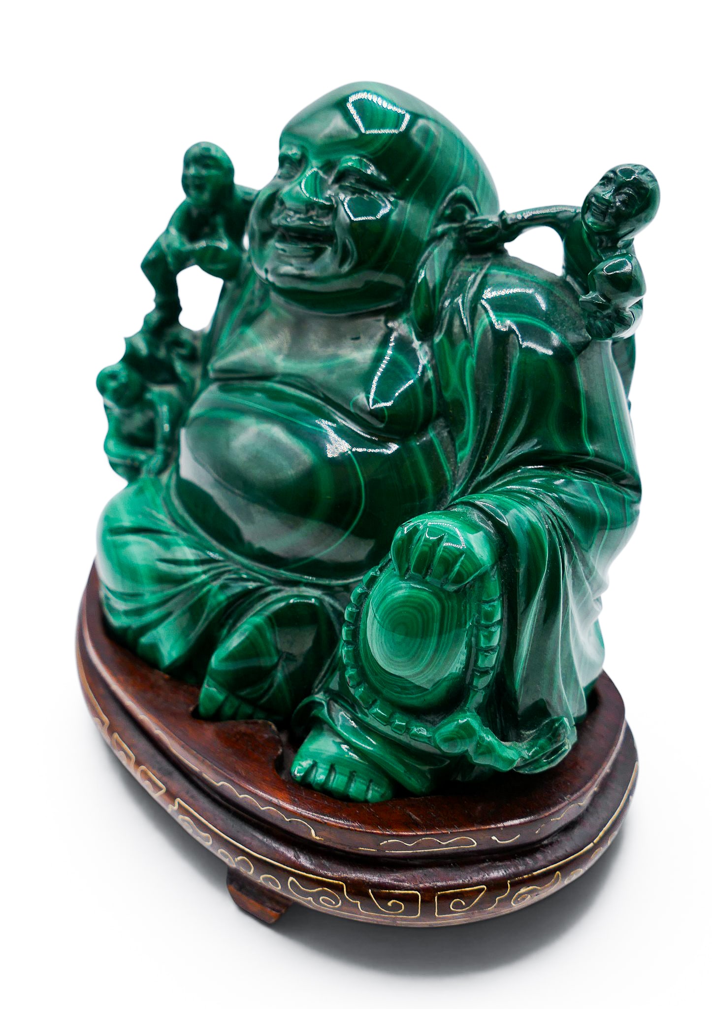 Chinese Carved Malachite Seated Buddha with Children on Stand - 2