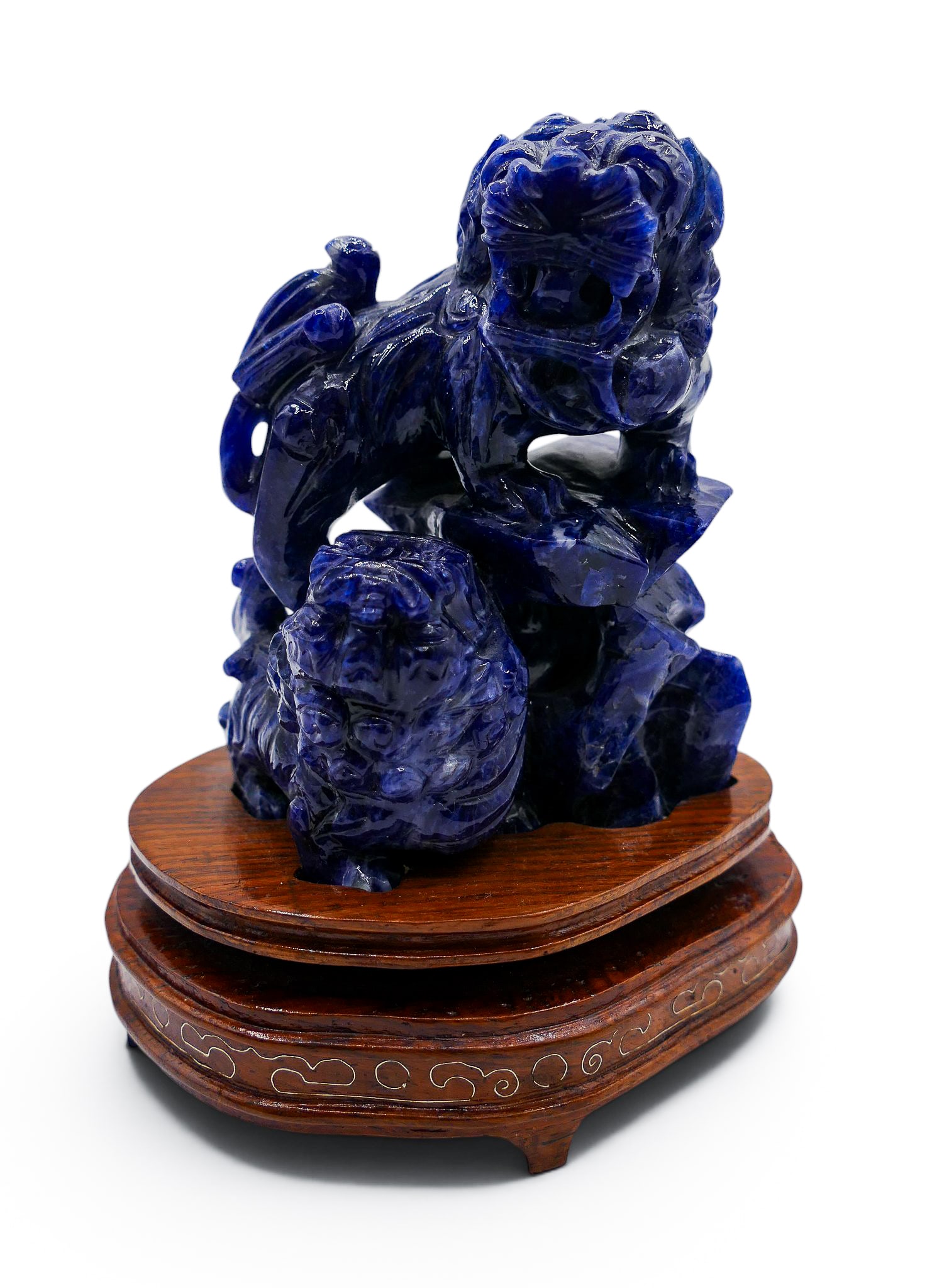 Chinese Carved Lapis Foo Lions on Stand: Chinese Carved Lapis Foo Lions on Stand 5.5"x4.5". Fitted silver wire inlaid rosewood stand. Excellent condition.