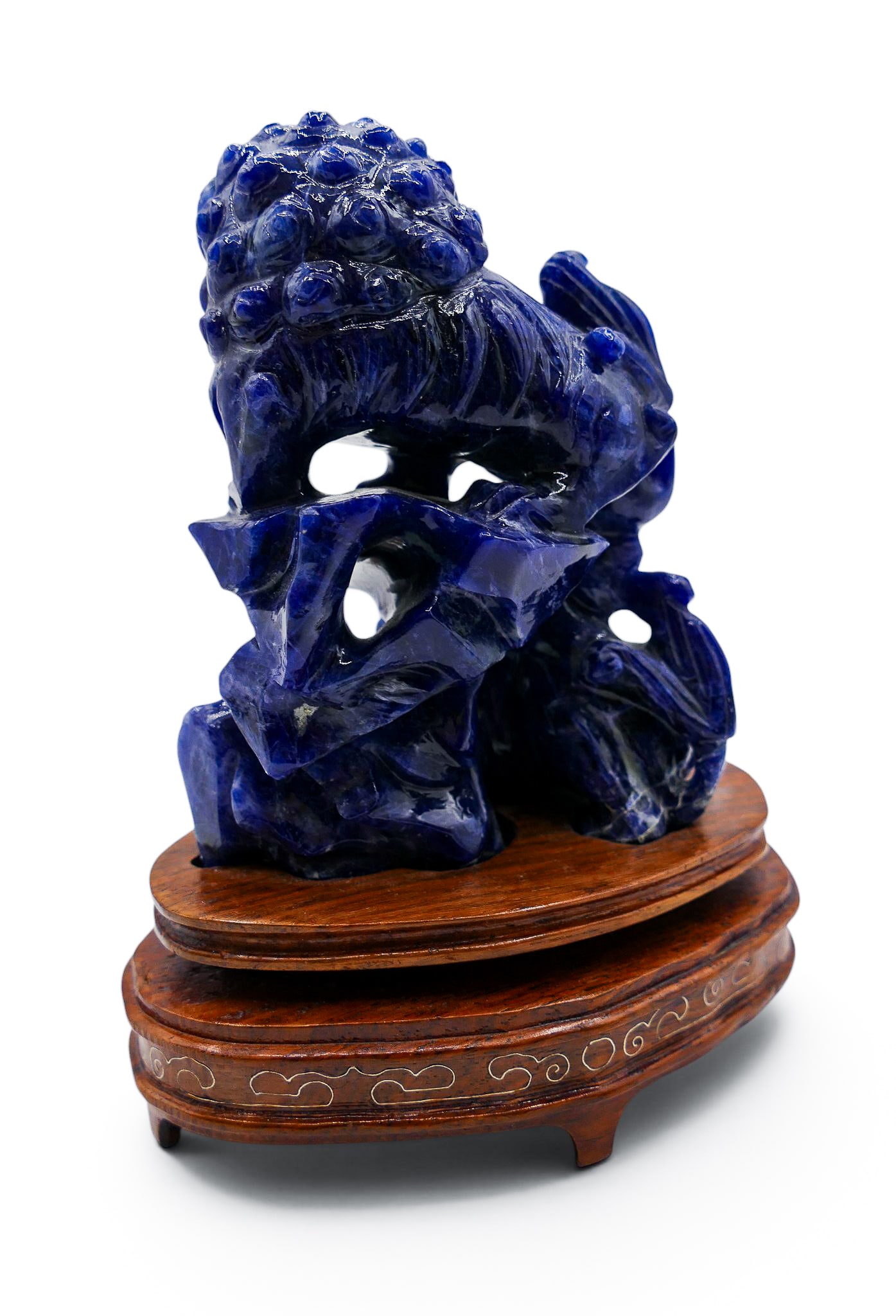 Chinese Carved Lapis Foo Lions on Stand - 3