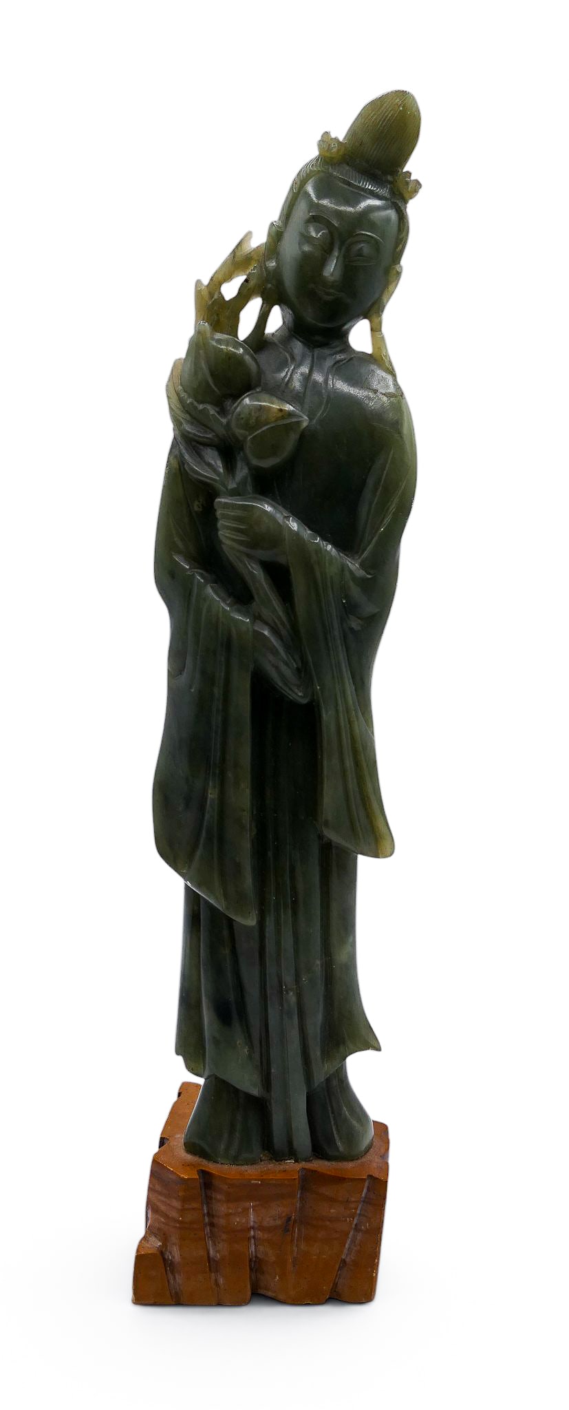 Old Chinese Spinach Jade Carved Standing Guanyin with Peach: Old Chinese Spinach Jade Carved Standing Guanyin with Peach 12.5"x3". Pierced carved holding a peach branch. Affixed to soapstone base. Overall excellent condition.