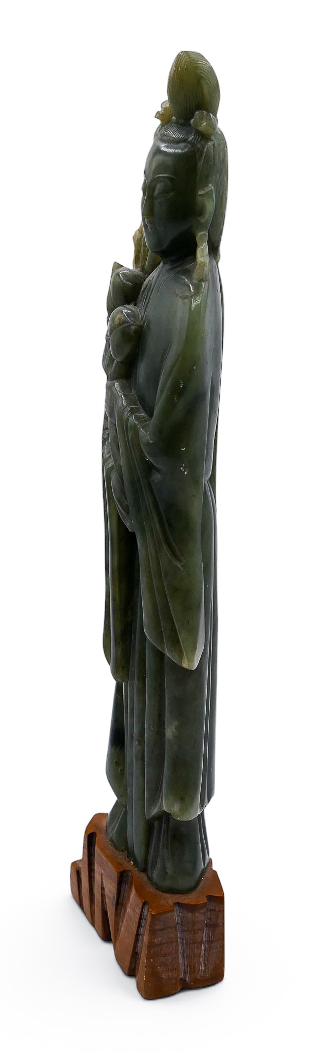 Old Chinese Spinach Jade Carved Standing Guanyin with Peach - 2
