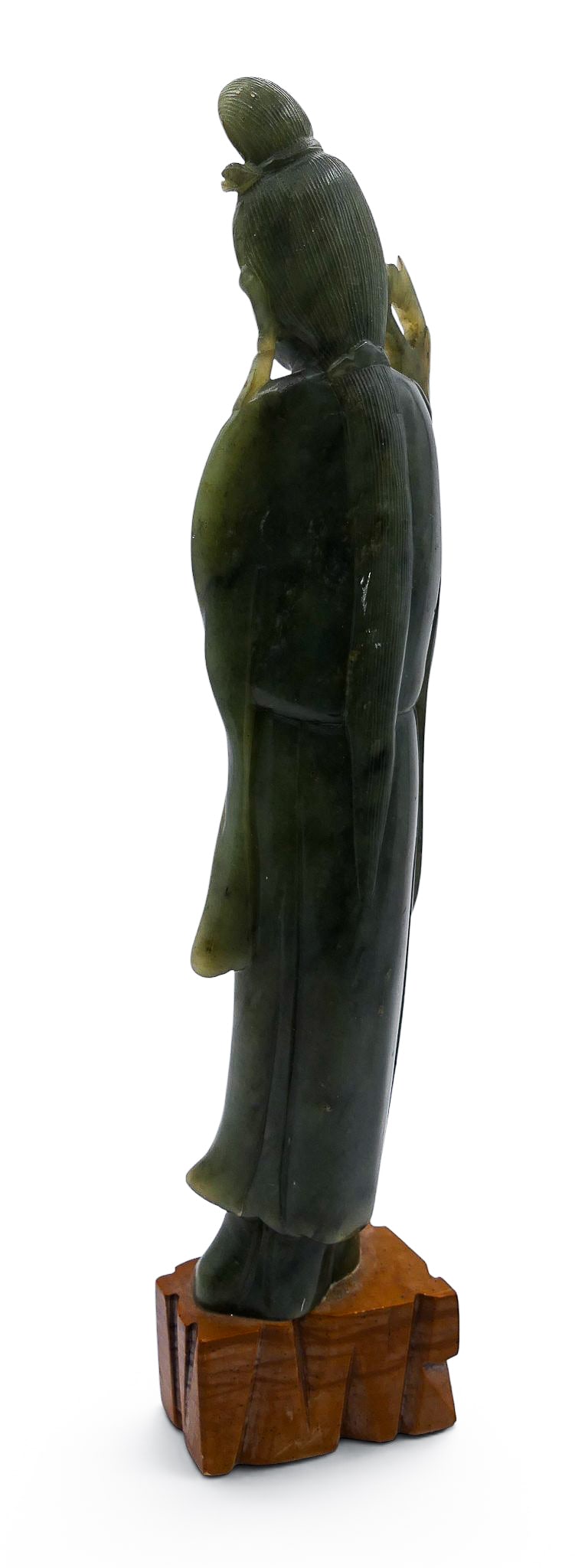 Old Chinese Spinach Jade Carved Standing Guanyin with Peach - 3