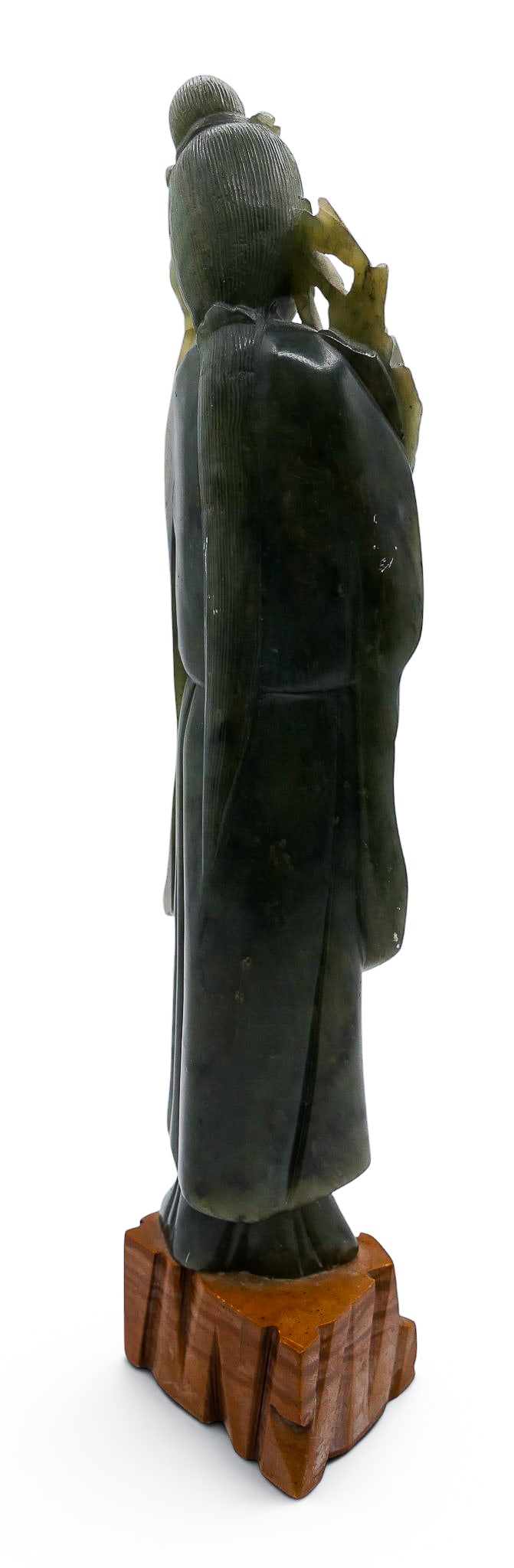 Old Chinese Spinach Jade Carved Standing Guanyin with Peach - 4
