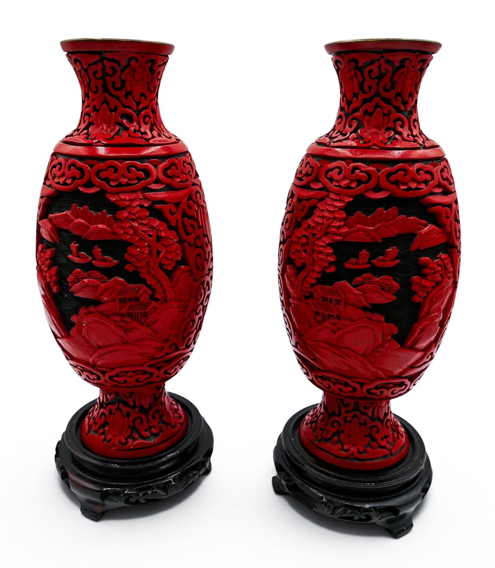 Pair Chinese Two-Color Cinnabar Vases on Stands - 2