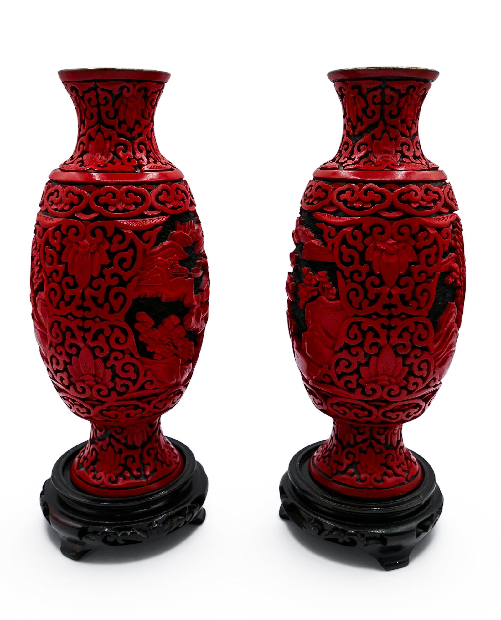 Pair Chinese Two-Color Cinnabar Vases on Stands - 3