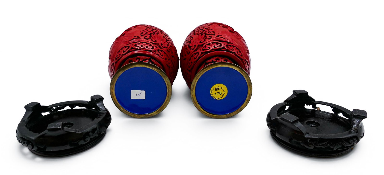 Pair Chinese Two-Color Cinnabar Vases on Stands - 7