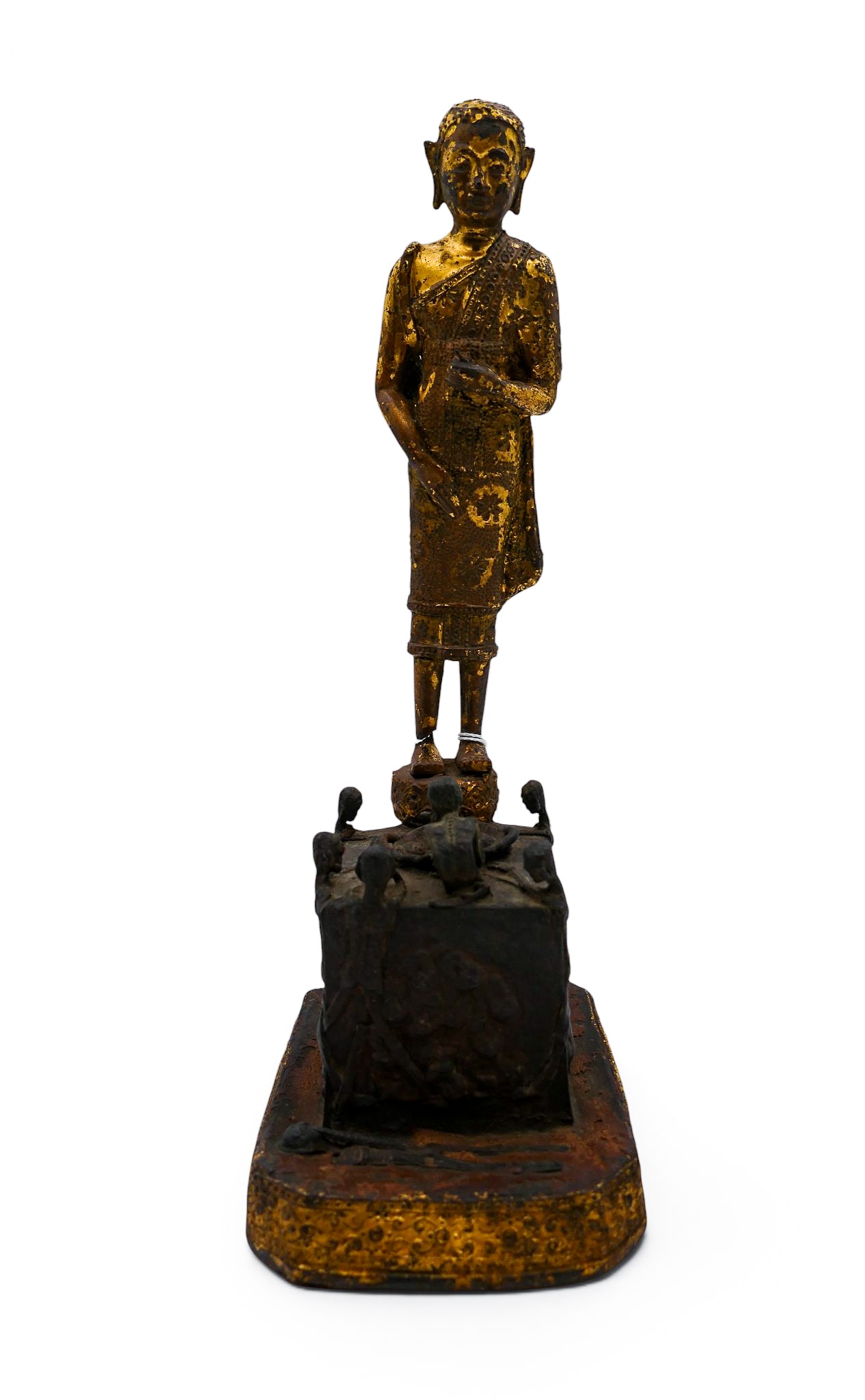 Antique Thai Gilt Bronze Monk Phrai Malai Visiting Hell: Antique Thai Gilt Bronze Monk Phrai Malai Visiting Hell 11"x5". It has a 1" area of loss to the verso at base edge. Overall excellent condition for its age. 19th century, Ratanakosin period.