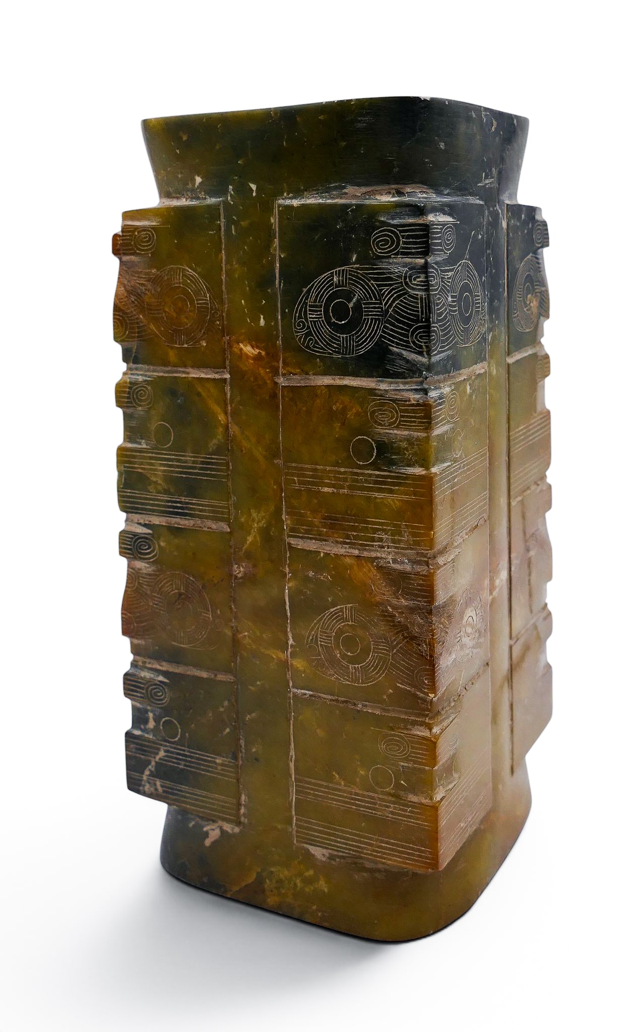 Old Chinese Liangzhu Jade Large Cong: Old Chinese Liangzhu Jade Large Cong 7"x3". Dark to greenish yellow jade with stylized archaic motifs. Overall excellent condition.