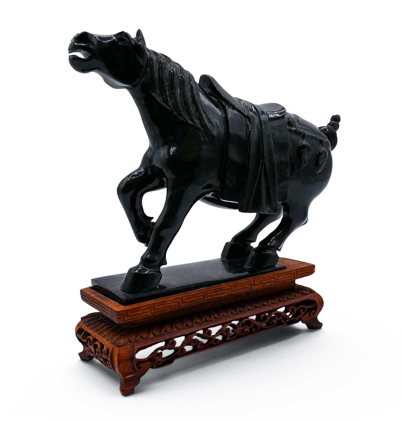 Chinese Black Jade Rearing Horse on Stand: Chinese Black Jade Rearing Horse on Stand 7"x7.5". Carved fitted rosewood stand. Figure is glued down to stand. Otherwise excellent condition.