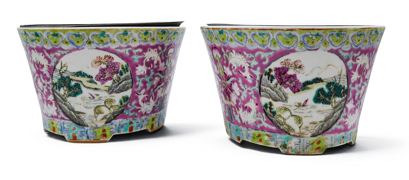 Pair Antique Chinese Peranakan Nyonya Straits Porcelain Flower Pots: Pair Antique Chinese Peranakan Nyonya Straits Porcelain Flower Pots 4.75"x8". Famille rose polychrome enameleing with three landscape medallions and scrolling lotus flowers. Unmarked. Each jardiniere 