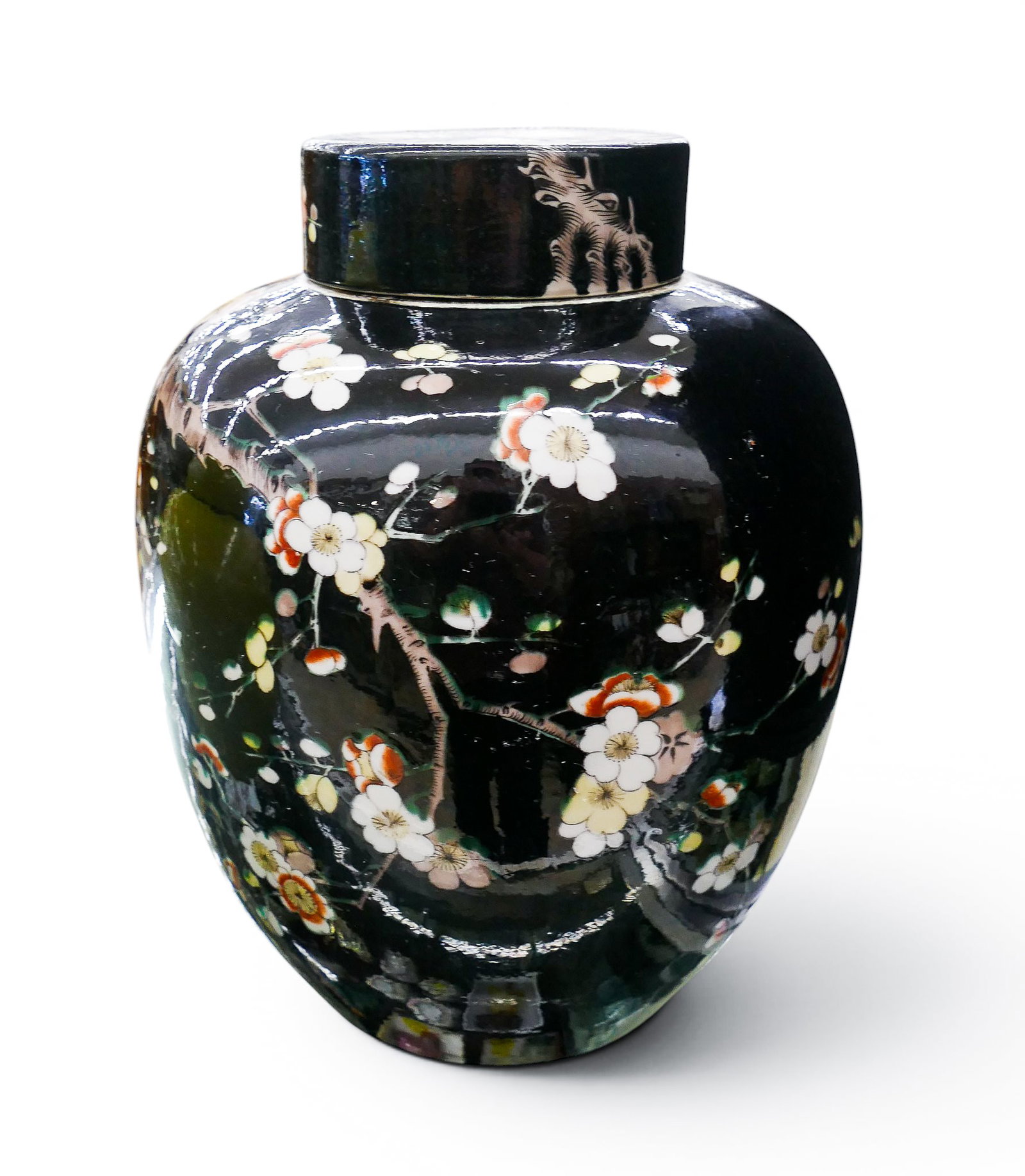 Antique Chinese Famille Noir Porcelain Prunus Jar: Antique Chinese Famille Noir Porcelain Prunus Jar 12"x9.5". Polychrome enameled with blossing prunus tree against a mirror black ground. Blue underglaze double ring mark. A few minor glaze flakes to l