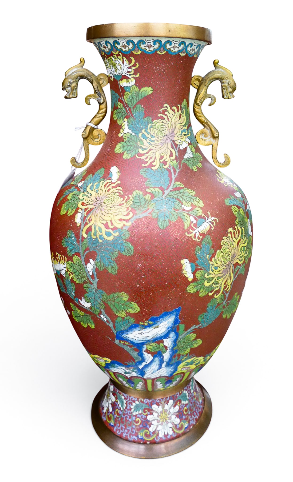 Old Chinese Cloisonne Handled Large Floral Vase - 3