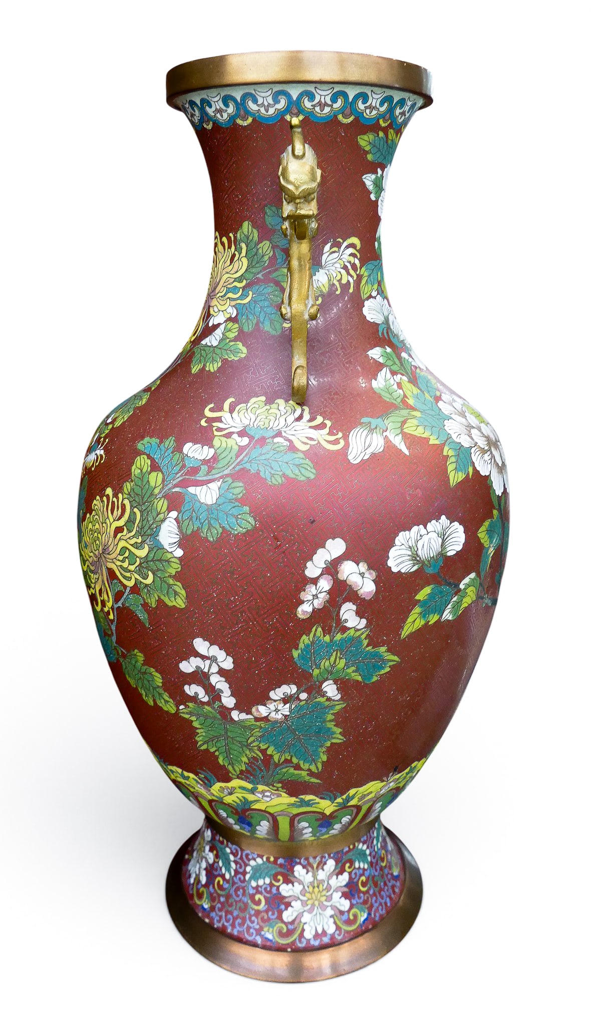 Old Chinese Cloisonne Handled Large Floral Vase - 4