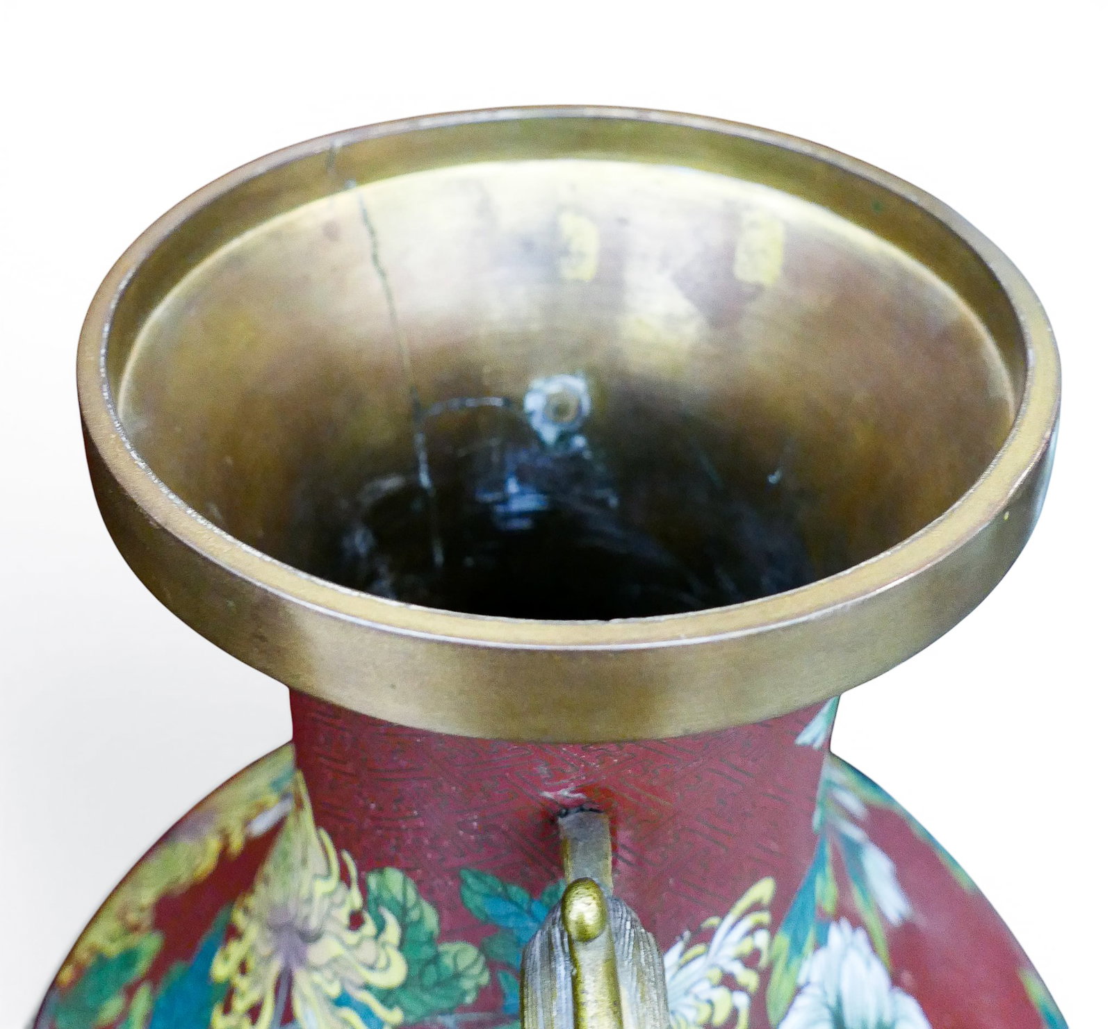 Old Chinese Cloisonne Handled Large Floral Vase - 5