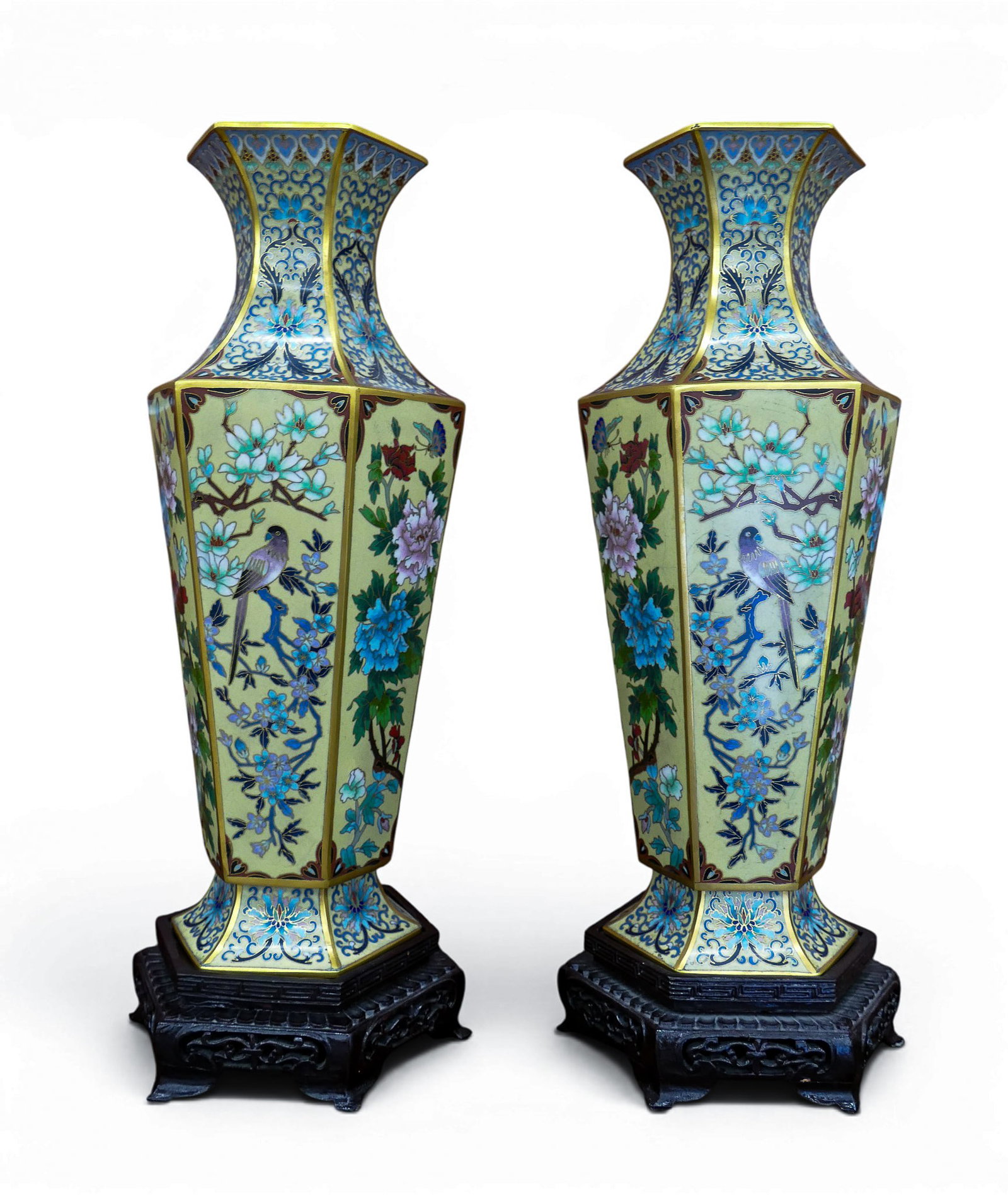 Pair Chinese Cloisonne Hexagonal Vases on Stands (1 of 7)
