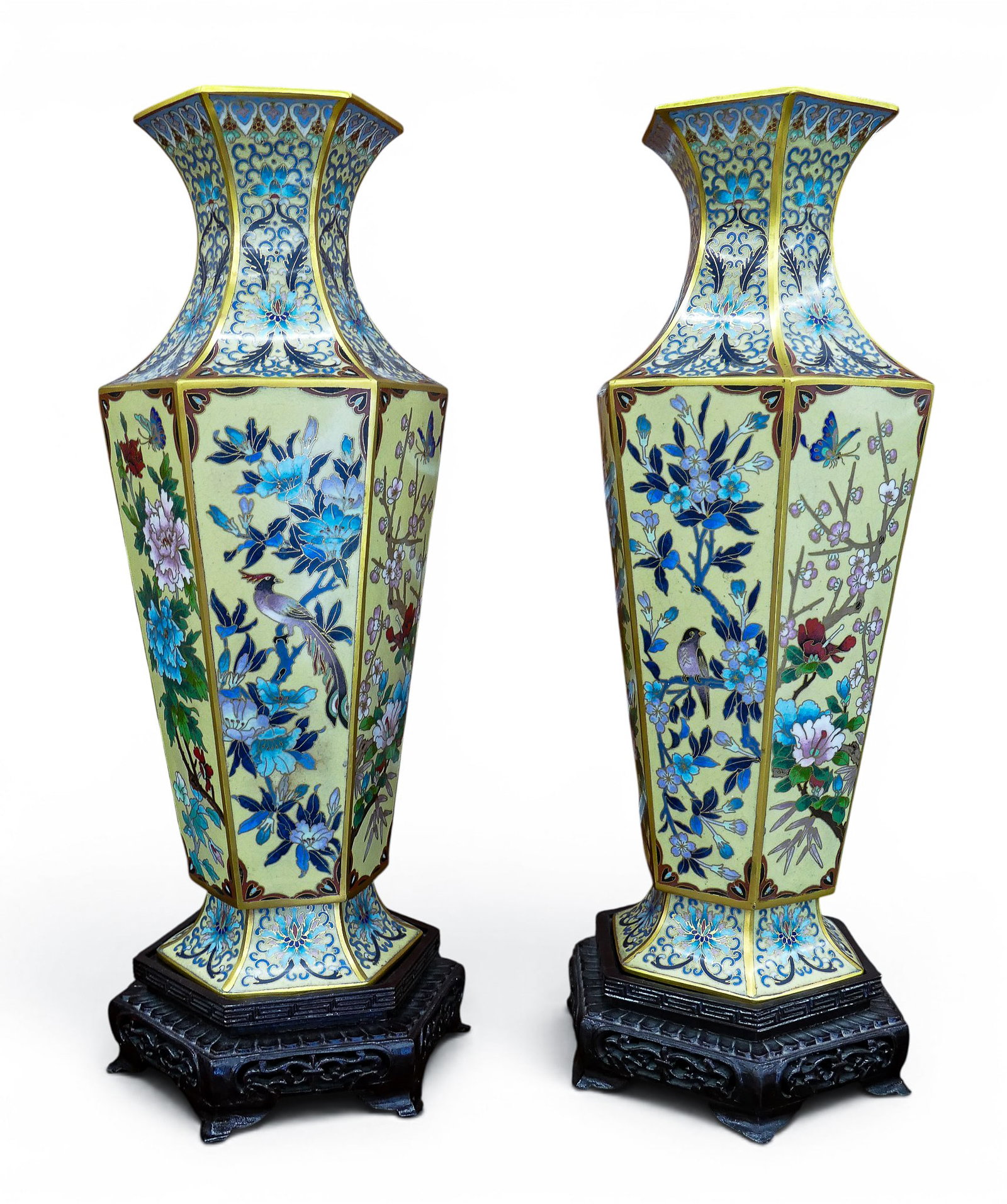 Pair Chinese Cloisonne Hexagonal Vases on Stands - 2