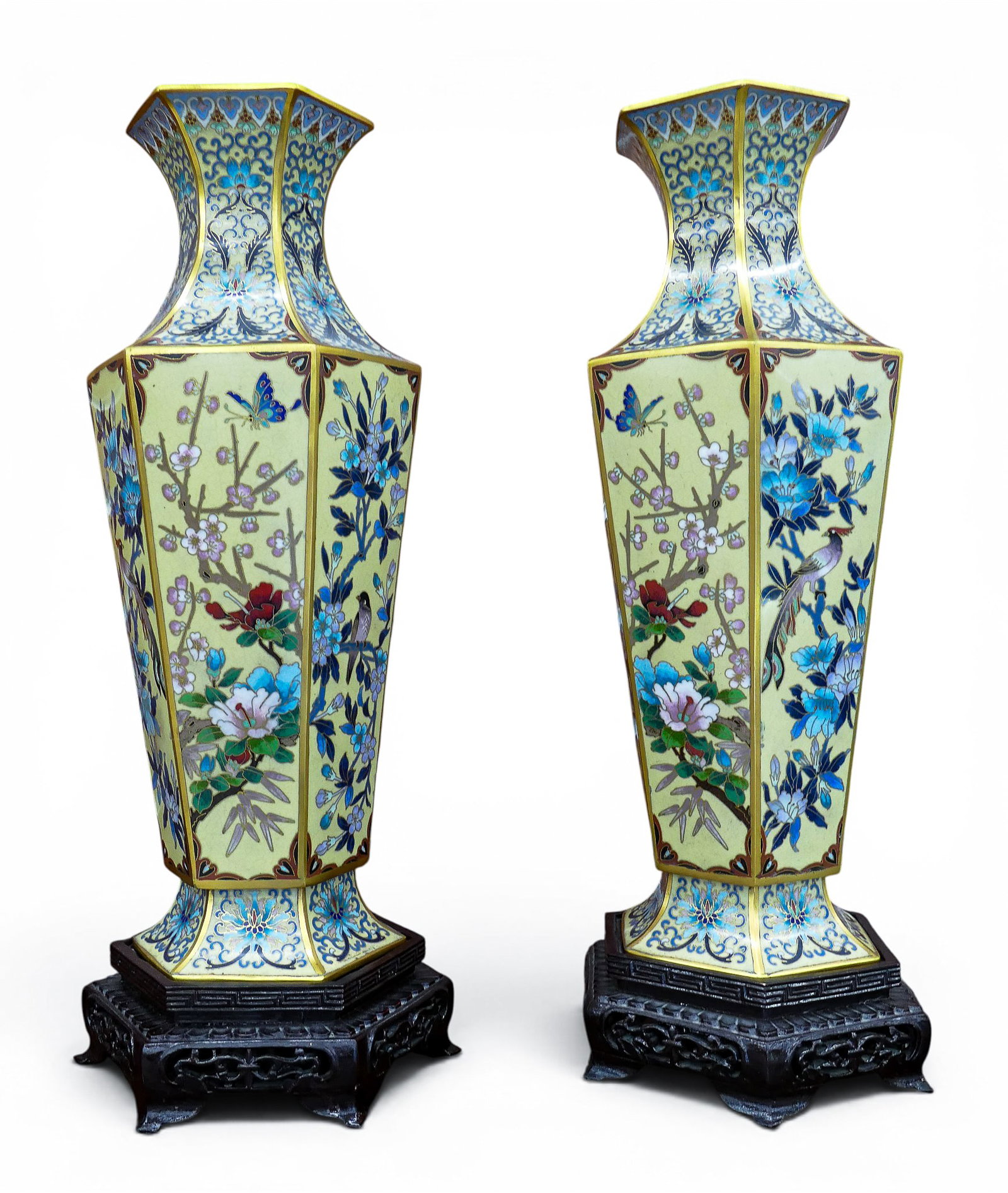 Pair Chinese Cloisonne Hexagonal Vases on Stands - 3