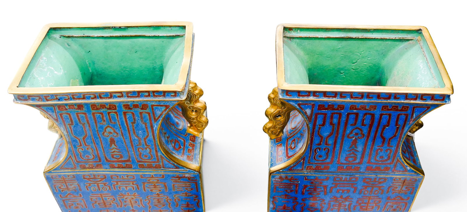 Pair Chinese Archaic Calligraphy Cloisonne Tall Handled Vases - 5