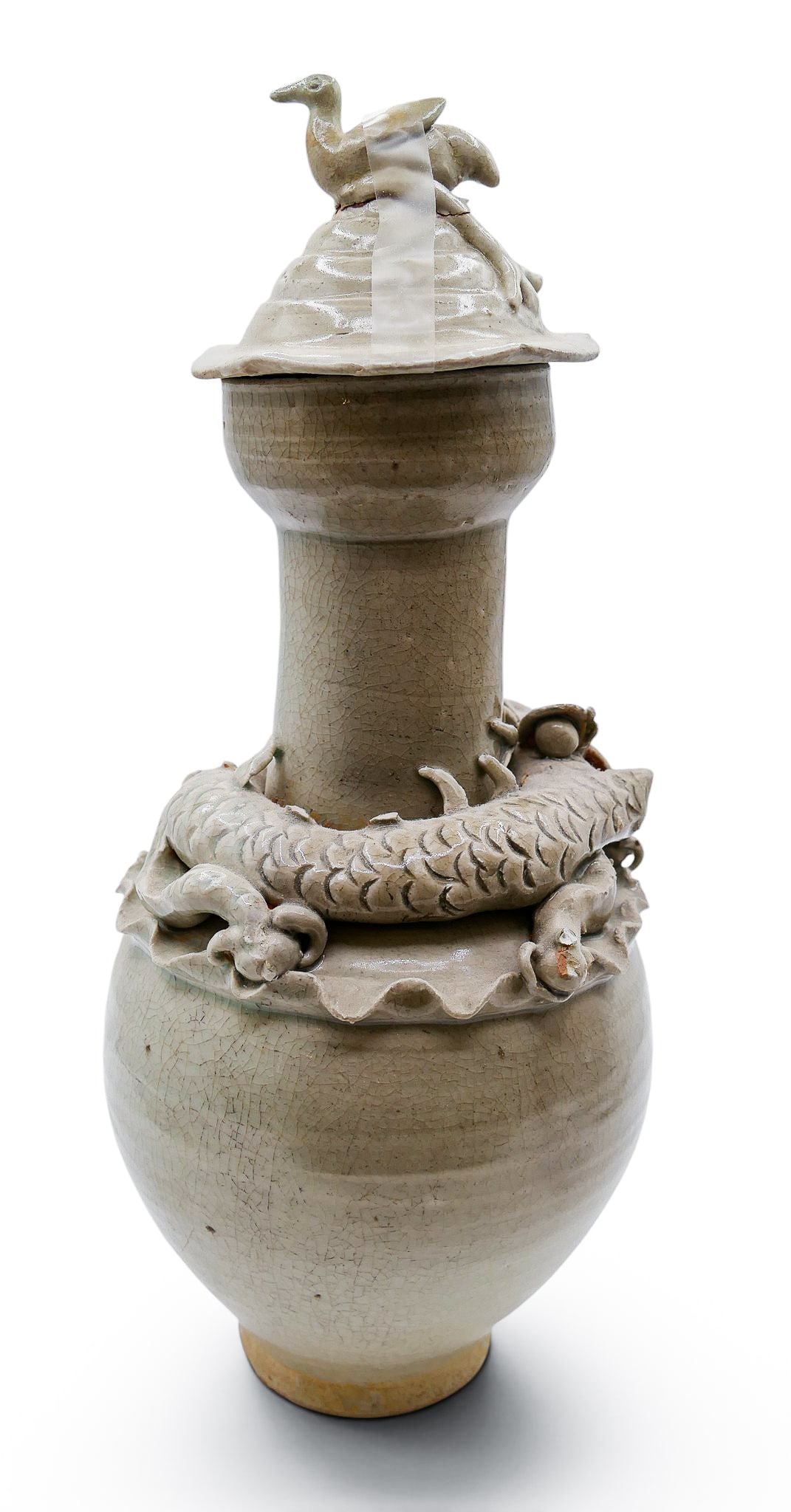 Chinese Song Ceramic Funerary Urn with Cover: Chinese Song Ceramic Funerary Urn with Cover 12.5"x5". Qingbai grey glazes with figural applied dragon on shoulder. National Museum Philippines label on bottom. Finial is broken and loose with some ch