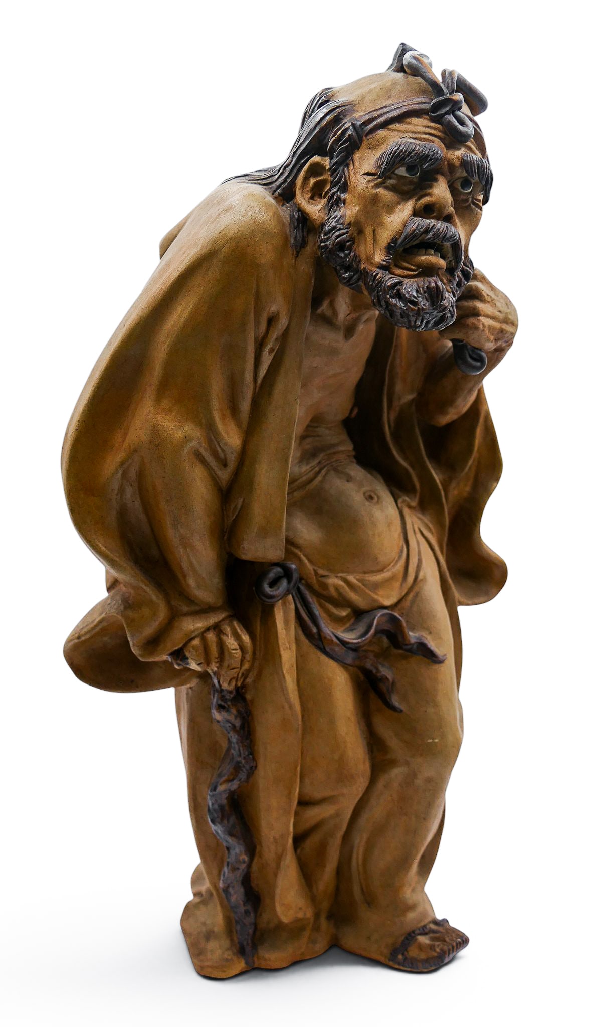 Chinese Shiwan Large Figure of Li Tieguai by Zhu Shi: Chinese Shiwan Large Figure of Li Tieguai by Zhu Shi 15.5"x9". Large heavy ceramic figure holding double gourd. Impressed seal mark of artist on underside interior. Excellent condition, examined