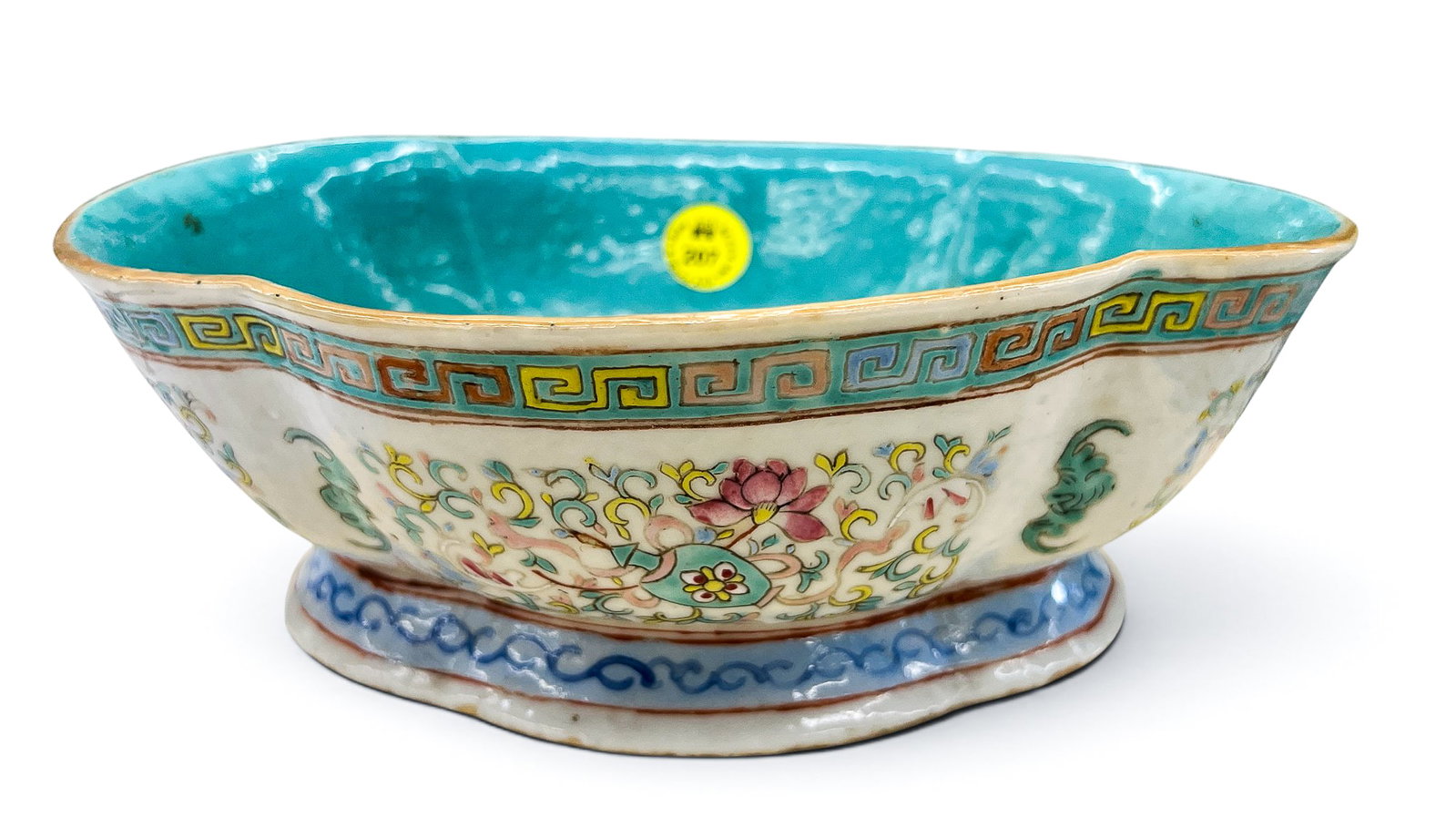 Chinese Tongzhi Bat and Buddhist Object Porcelain Bowl: Chinese Tongzhi Bat and Buddhist Object Porcelain Bowl 6.5"x8.25". Famille rose enameling with turquoise glazed interior. Red stamped Tongzhi mark and of the period. Slight glaze pop to top rim with