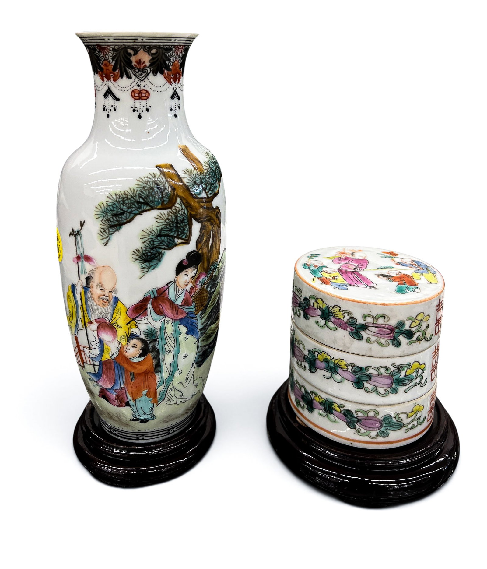 2pc Old Chinese Eggshell Porcelain Vase and Stacking Box: 2pc Old Chinese Eggshell Porcelain Vase and Stacking Box 3.5" to 8.5". Box has chipping, but vase has no damage. They come on lacquered wood stands. 20th century, Republic era.