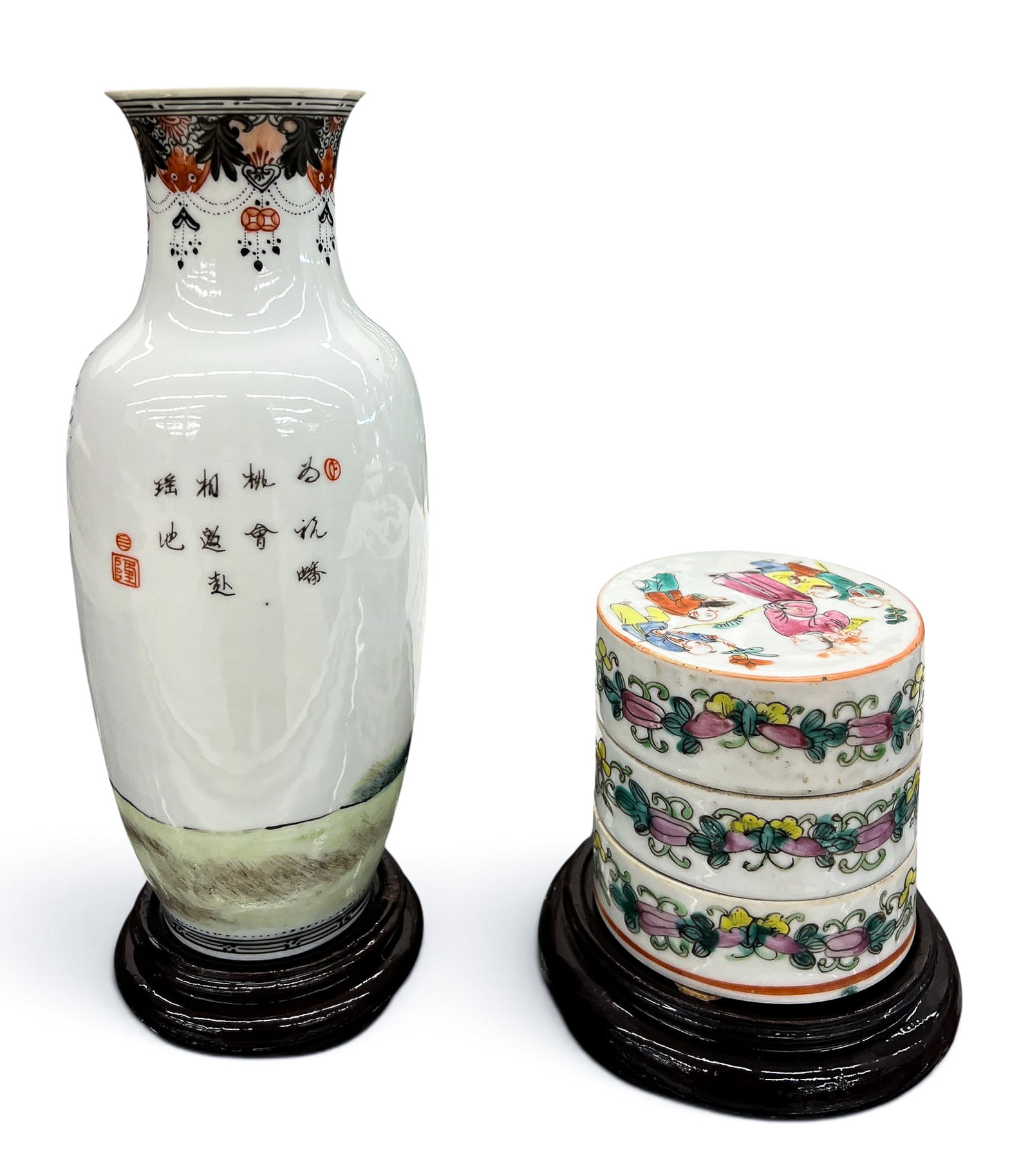 2pc Old Chinese Eggshell Porcelain Vase and Stacking Box - 2