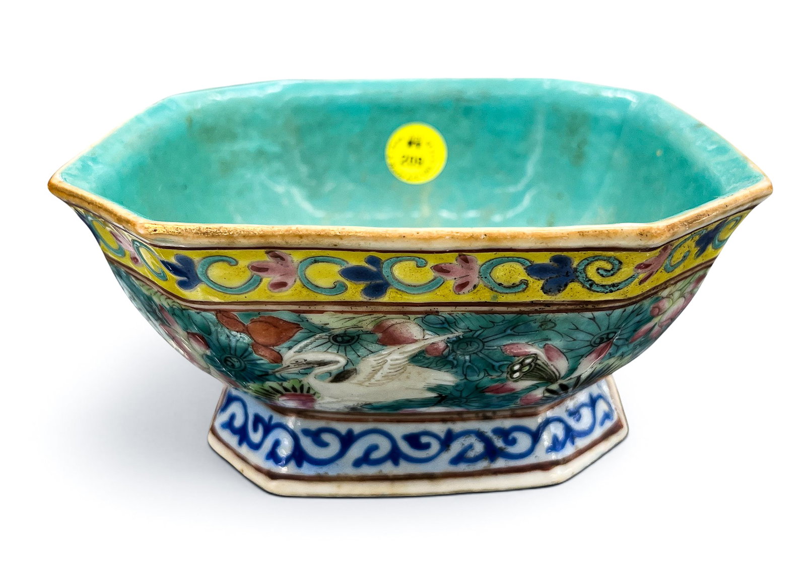 Chinese Tongzhi Porcelain Crane and Lotus Square Bowl: Chinese Tongzhi Porcelain Crane and Lotus Square Bowl 2.75"x6". Famille rose enameling with turquoise glazed interior. Red enameled Tongzhi mark and of the period. Glaze wear to interior, otherwise