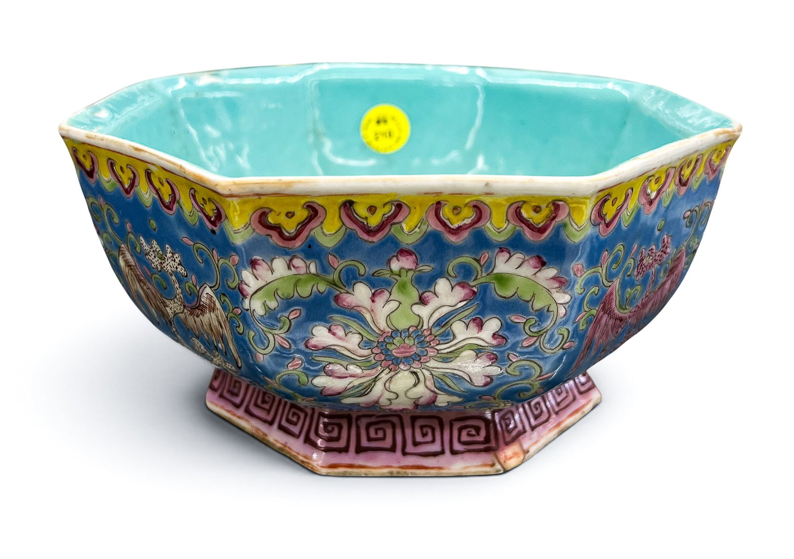 Antique Chinese Mythical Beasts Octagonal Porcelain Bowl: Antique Chinese Mythical Beasts Octagonal Porcelain Bowl 3.5"x7". Clair de lune ground with famille rose enameling and turquoise glazed interior. Red stamped Daoguang mark. Small chip repair to edge