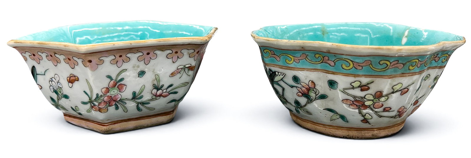2pc Antique Chinese Porcelain Small Cricket Bowls: 2pc Antique Chinese Porcelain Small Cricket Bowls 2.25"x5" Approx. Famille rose enameling with turquoise glazed interiors. Black enameled four character marks. Foliate rim bowl has some minor edge