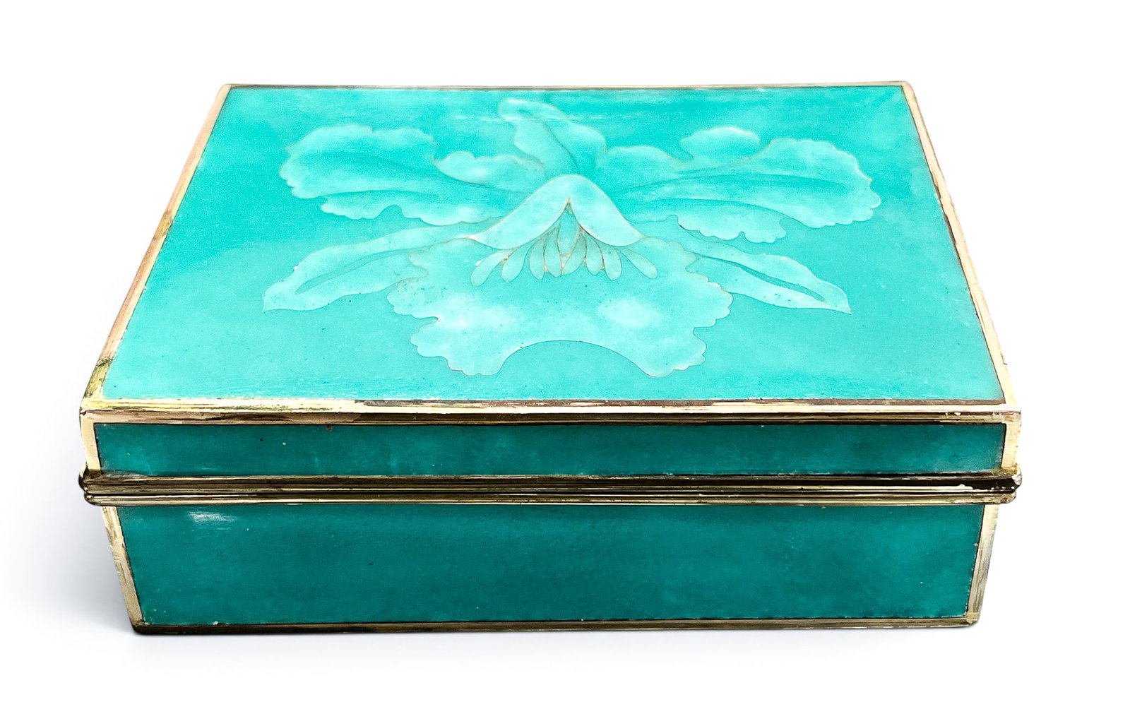 Japanese Turquoise Cloisonne Iris Flower Cigarette Box: Japanese Turquoise Cloisonne Iris Flower Cigarette Box 4"x5". Unmarked, possibly Inaba. Overall excellent condition.
