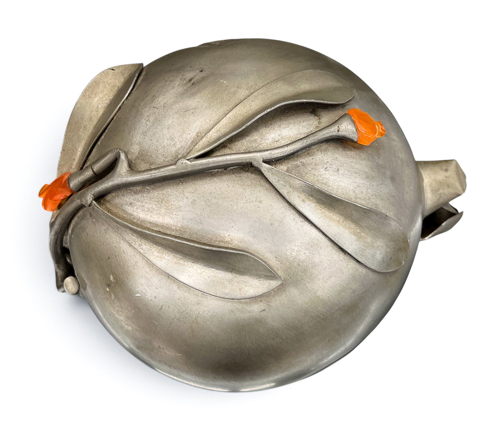 Old Chinese Pewter Pomegranate Covered Server with Carnelian: Old Chinese Pewter Pomegranate Covered Server with Carnelian 6"x8". Covered warming bowl with applied carved carnelian accents. A few minor dents, overall excellent condition. 20th century, Republic