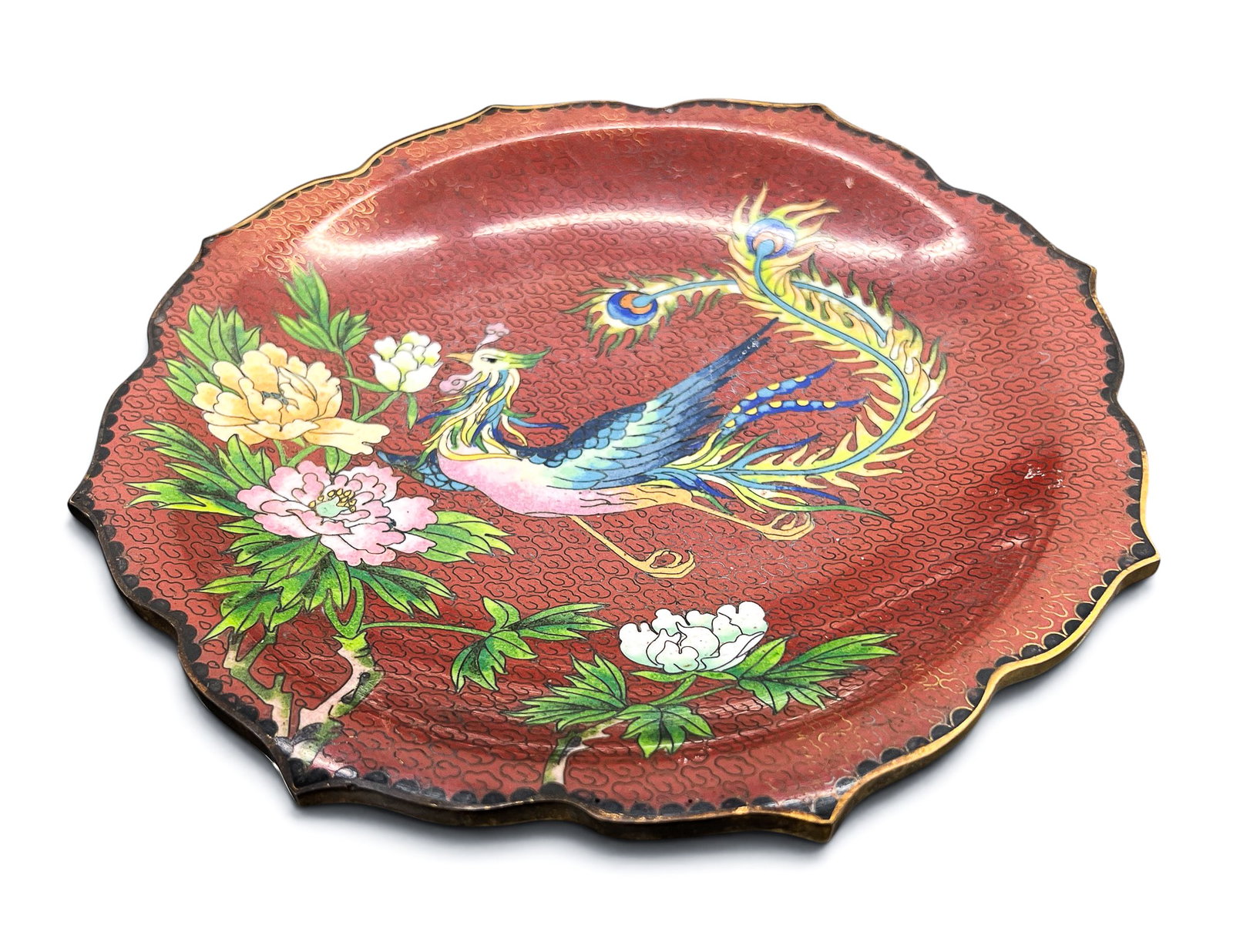 Chinese Phoenix Foliate Rim Cloisonne Dish: Chinese Phoenix Foliate Rim Cloisonne Dish 8". Excellent condition.