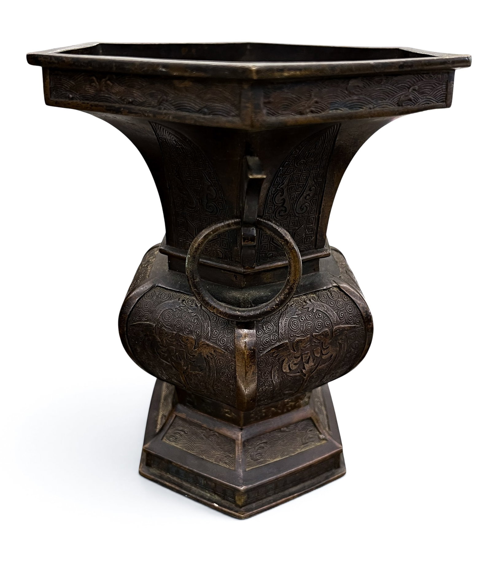 Antique Chinese Bronze Archaic Handled Altar Vase - 4