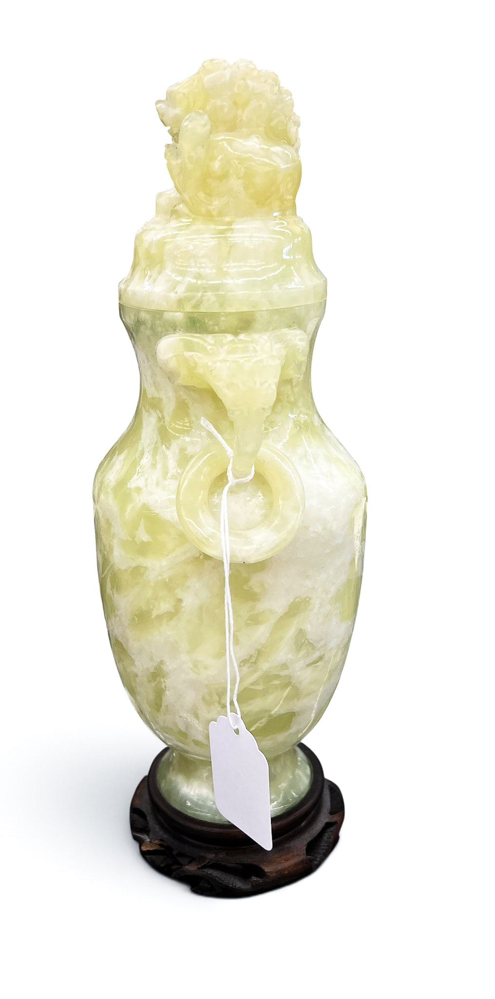 Old Chinese Yellow and White Jade Foo Lion Covered Vase - 2