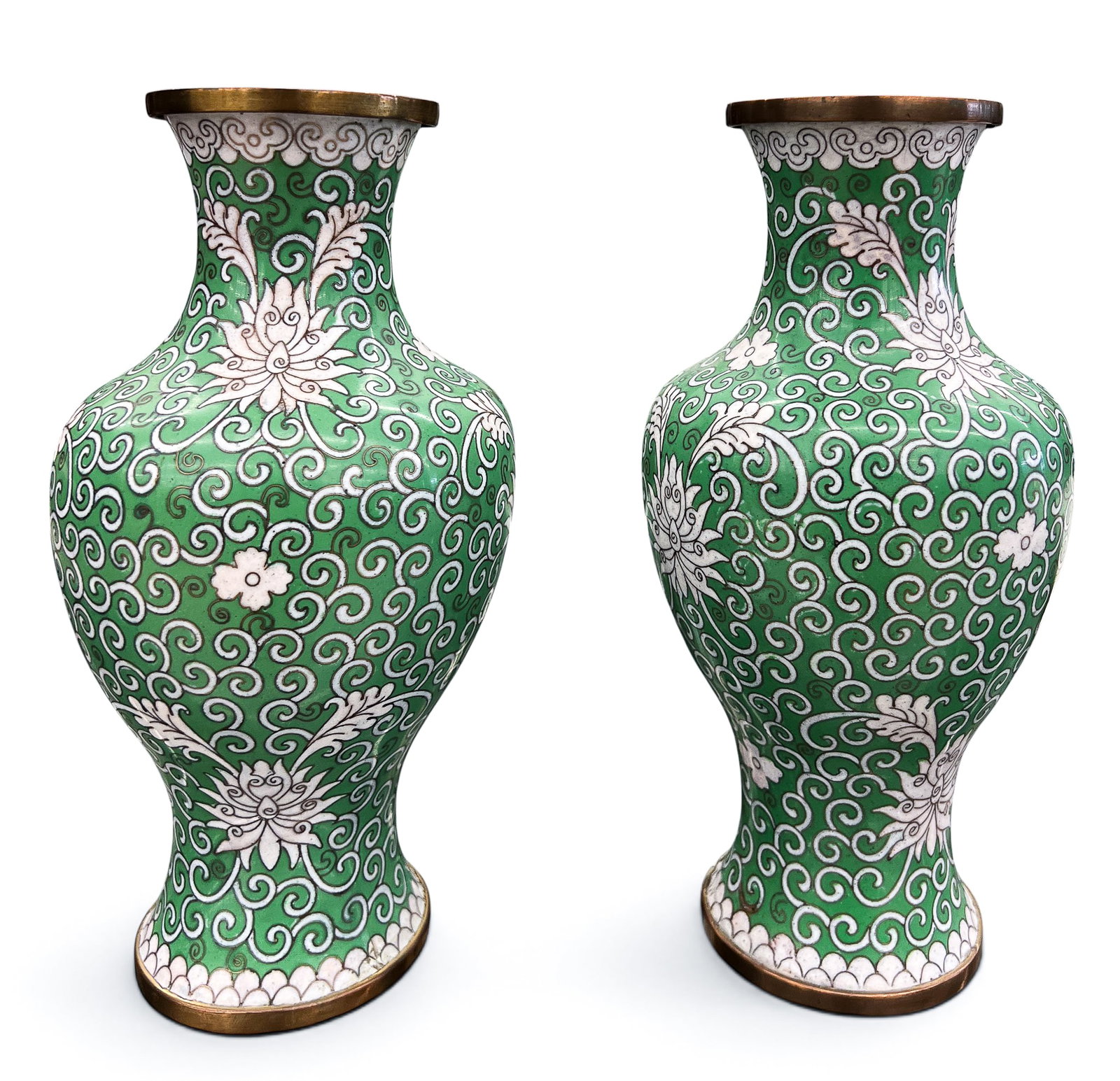 Pair Old Chinese Green and White Lotus Cloisonne Vases: Pair Old Chinese Green and White Lotus Cloisonne Vases 9"x4.5". Impressed CHINA on bottom. Excellent condition.