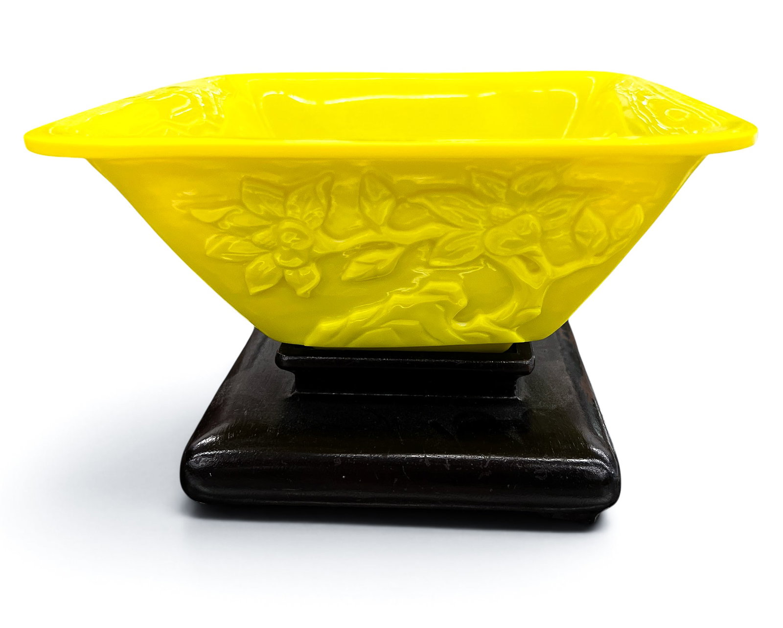 Old Chinese Peking Glass Yellow Flower Bowl on Stand - 2