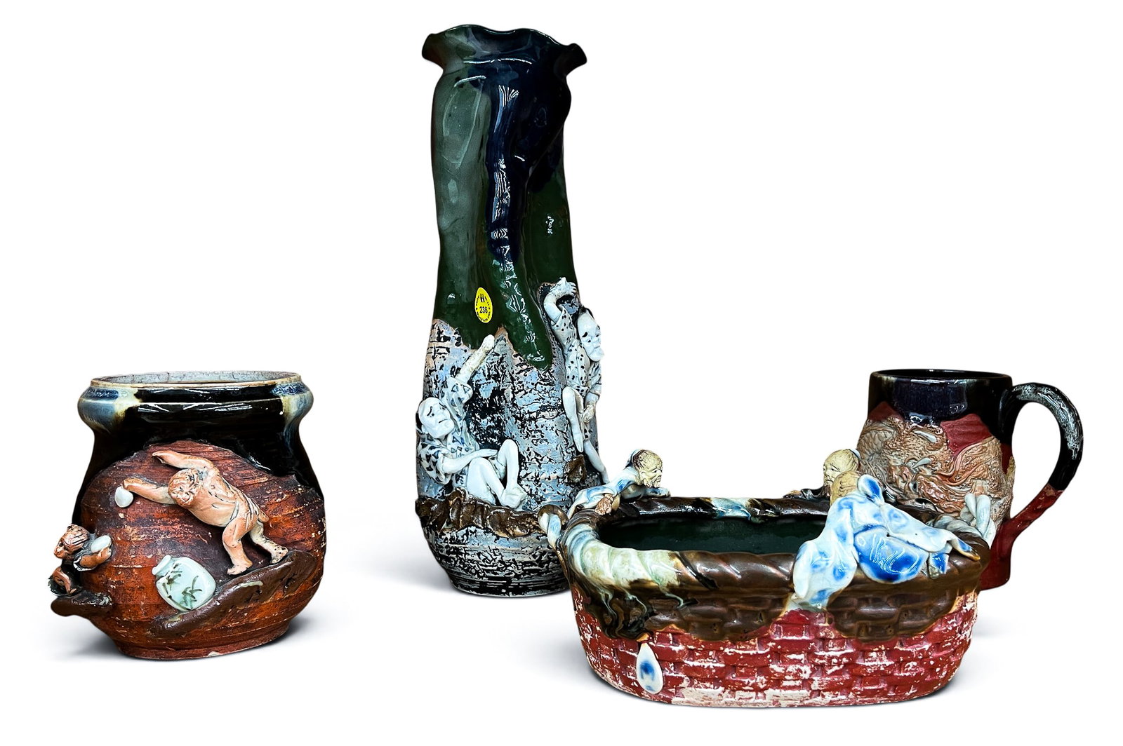 4pc Antique Japanese Sumida Gawa Pottery: 4pc Antique Japanese Sumida Gawa Pottery 3.5" to 12". Includes a tall vase (chip to top edge), scholar planter, dragon mug, and monkey jar (crack). Three are signed Inoue Ryosai.