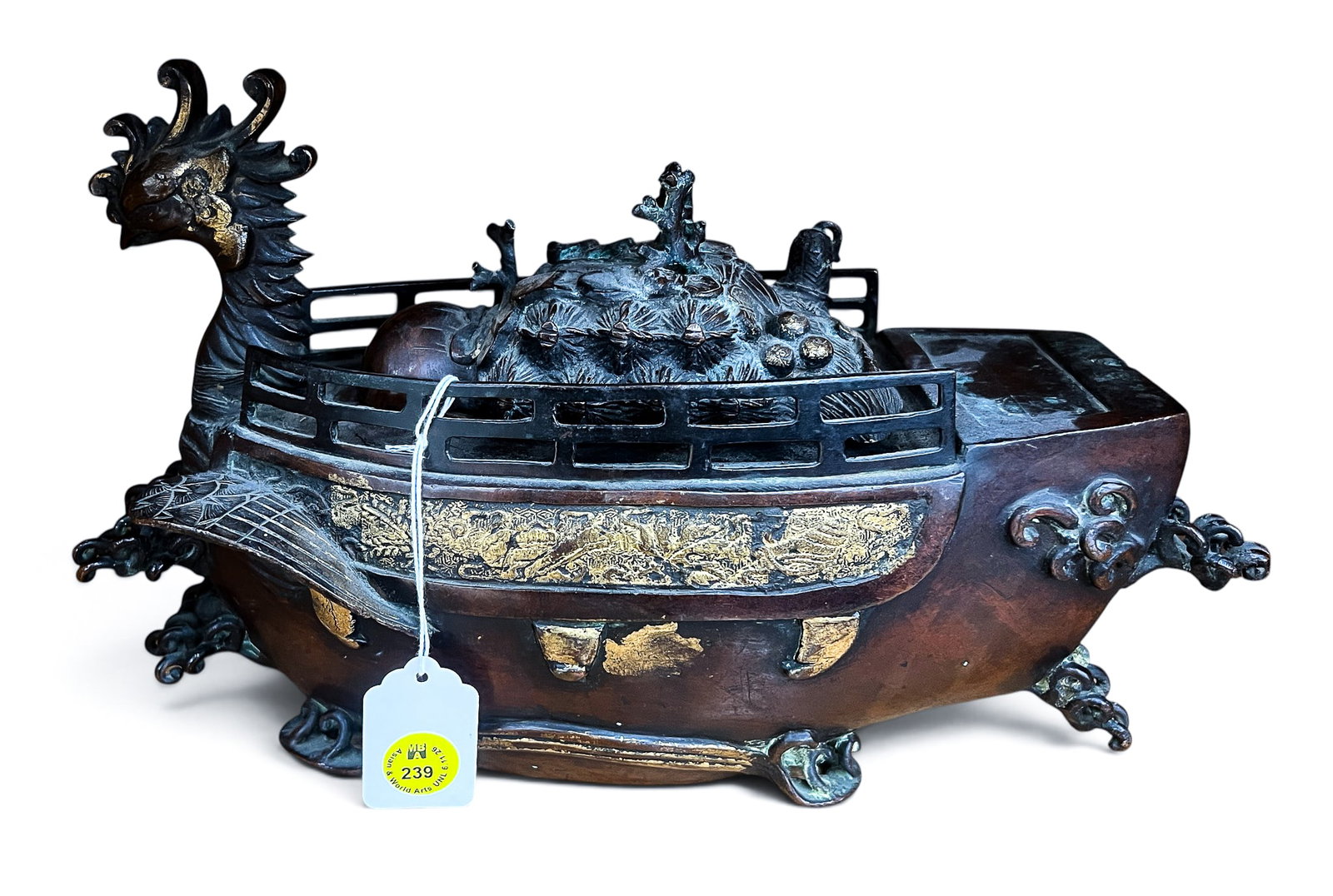 Old Japanese Bronze Phoenix Boat Koro Censer: Old Japanese Bronze Phoenix Boat Koro Censer 8"x12". Some parcel gilt work on sides. Overall excellent condition for its age.
