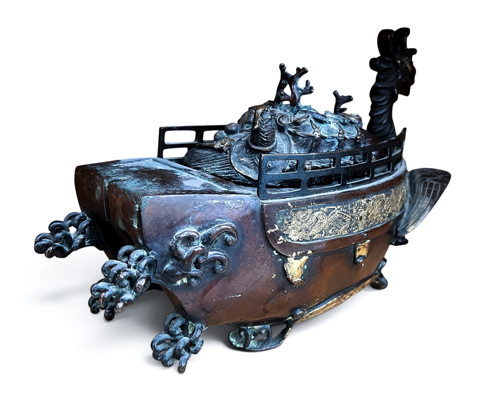 Old Japanese Bronze Phoenix Boat Koro Censer - 2