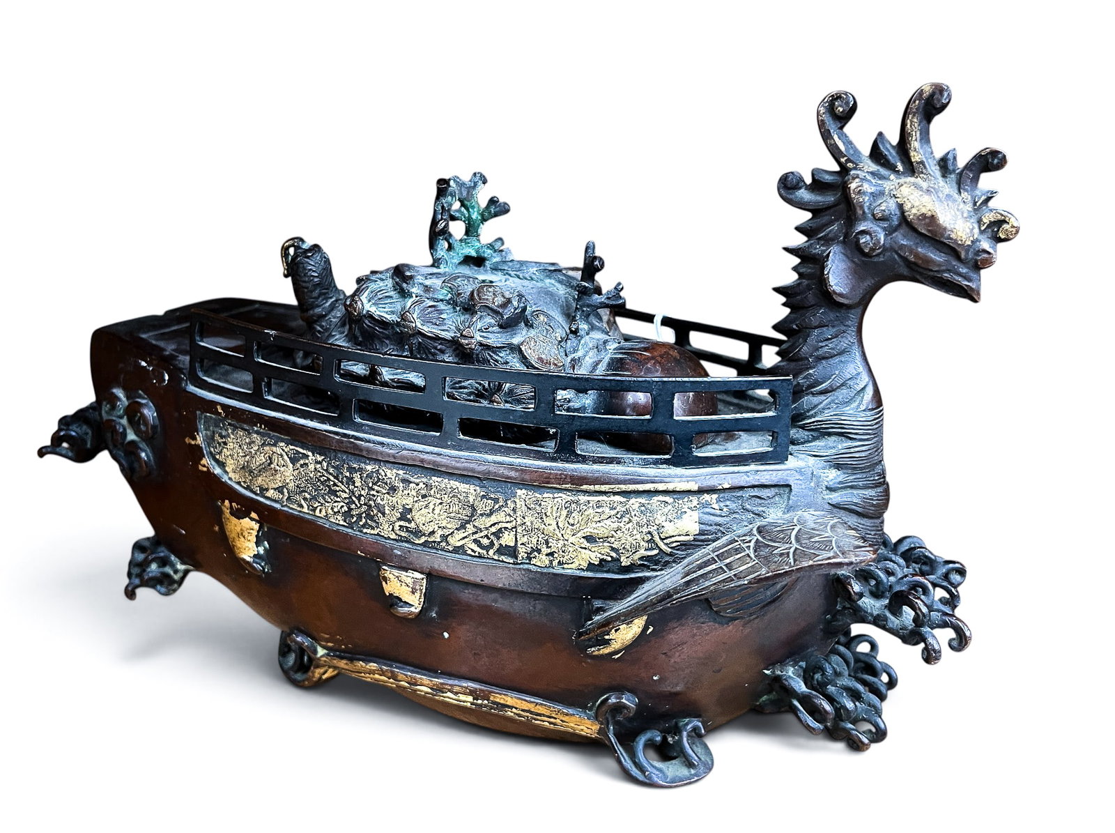 Old Japanese Bronze Phoenix Boat Koro Censer - 3