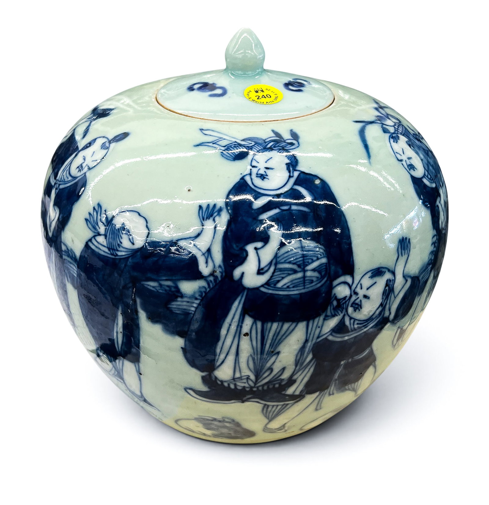 Antique Chinese Blue and White Celadon Porcelain Jar: Antique Chinese Blue and White Celadon Porcelain Jar 8.5"x9". Blue underglaze warriors and figures in landcape motif. Some roughness and minor chipping to edges. 19th century, Qing dynasty.