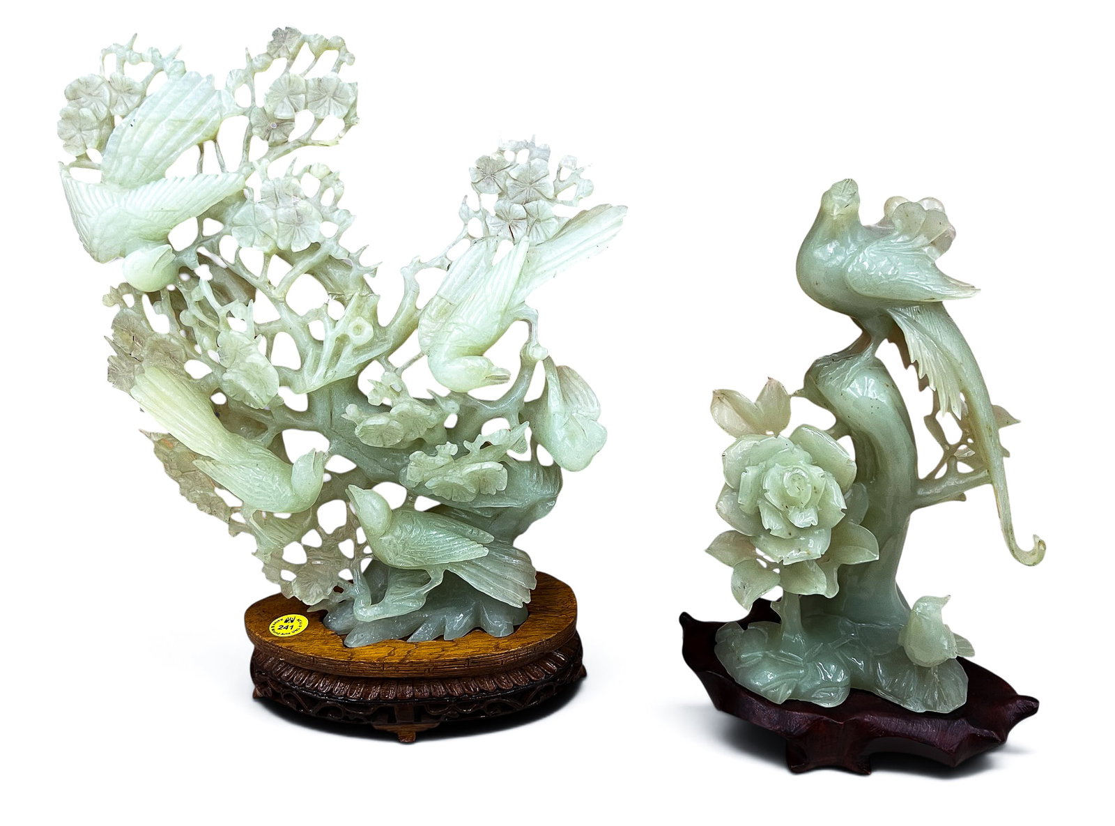2pc Old Chinese Jade Bird Carvings on Stands: 2pc Old Chinese Jade Bird Carvings on Stands 11" to 13". Celadon jade on fitted rosewood stands. Each has damage.