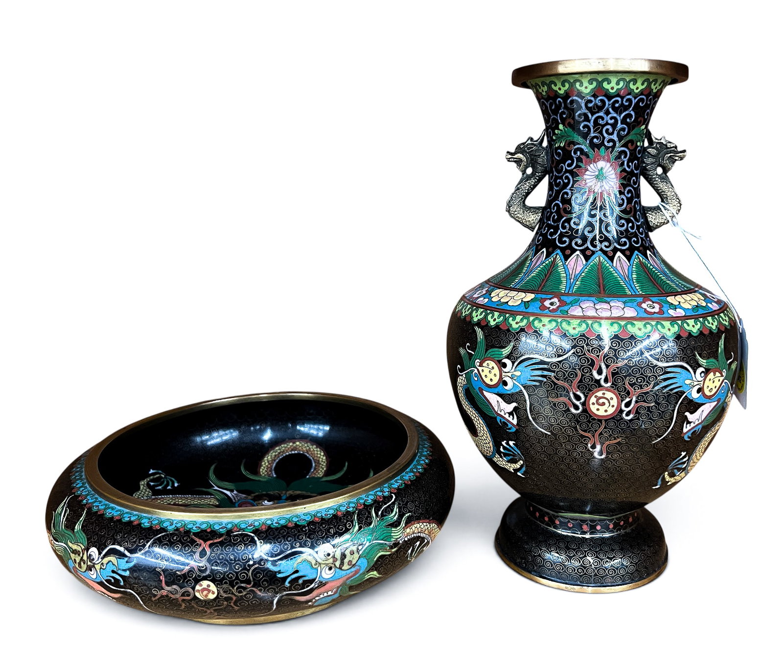 2pc Old Chinese Black Cloisonne Dragon Vase and Brush Washer: 2pc Old Chinese Black Cloisonne Dragon Vase and Brush Washer 8" to 10". Polycrhome enameled with five-clawed dragons chasing the flaming pearl. Excellent condition.