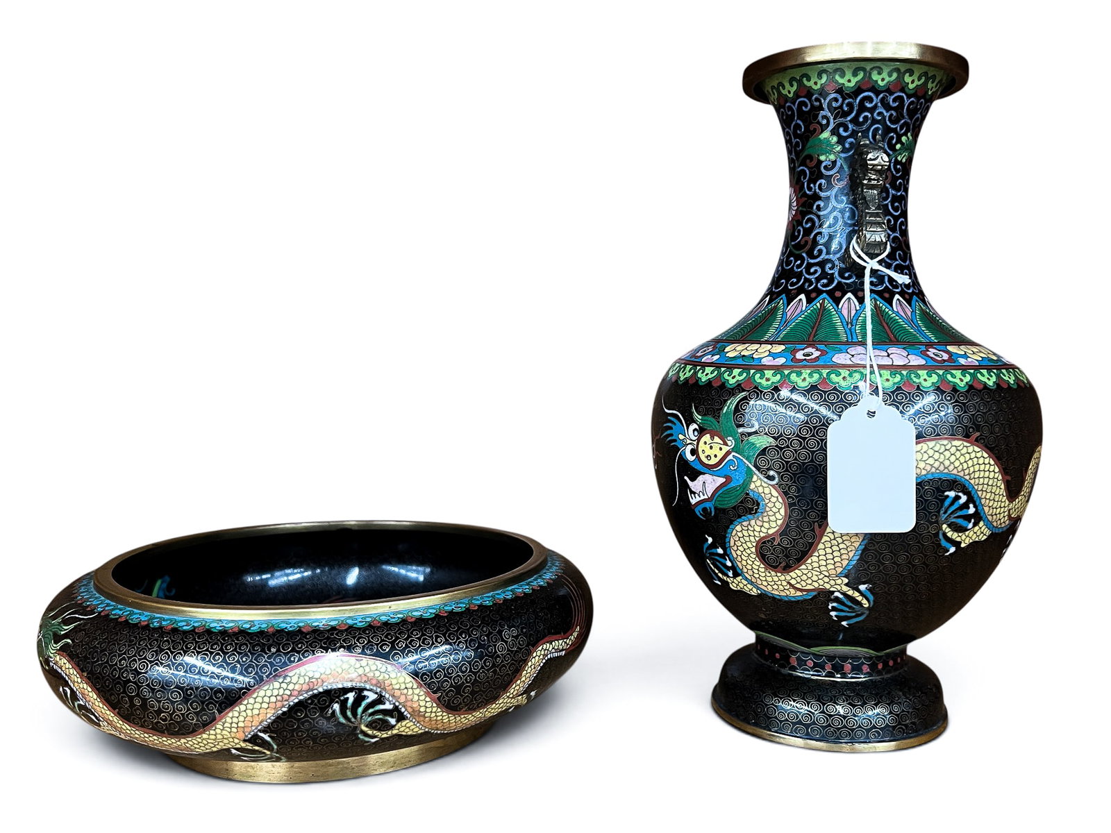 2pc Old Chinese Black Cloisonne Dragon Vase and Brush Washer - 2