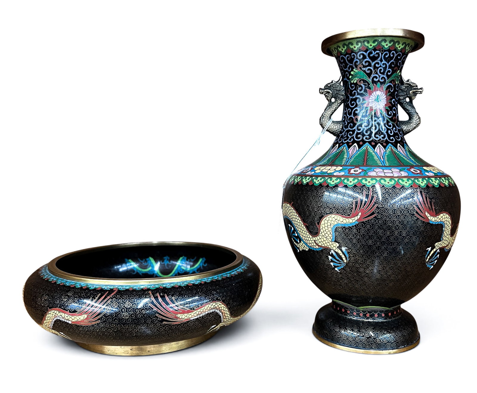 2pc Old Chinese Black Cloisonne Dragon Vase and Brush Washer - 3